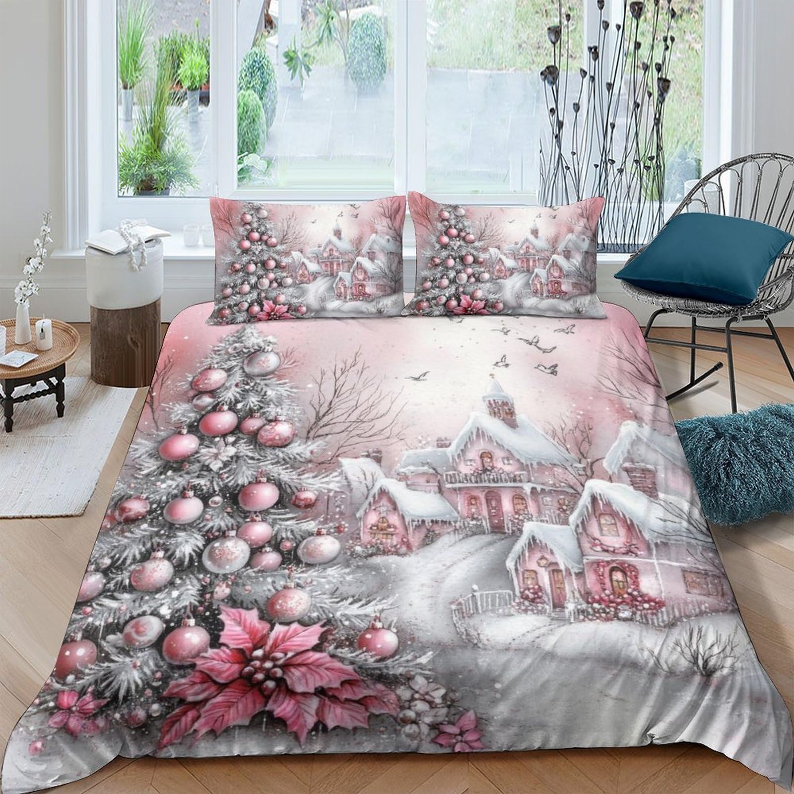 Ctjqhvkz Style-4 3D Printed Winter Village Fitted Sheet Microfiber Pink Christmas Tree Bed Cover For Bedroom Guest Room Decor Single（135X200cm）