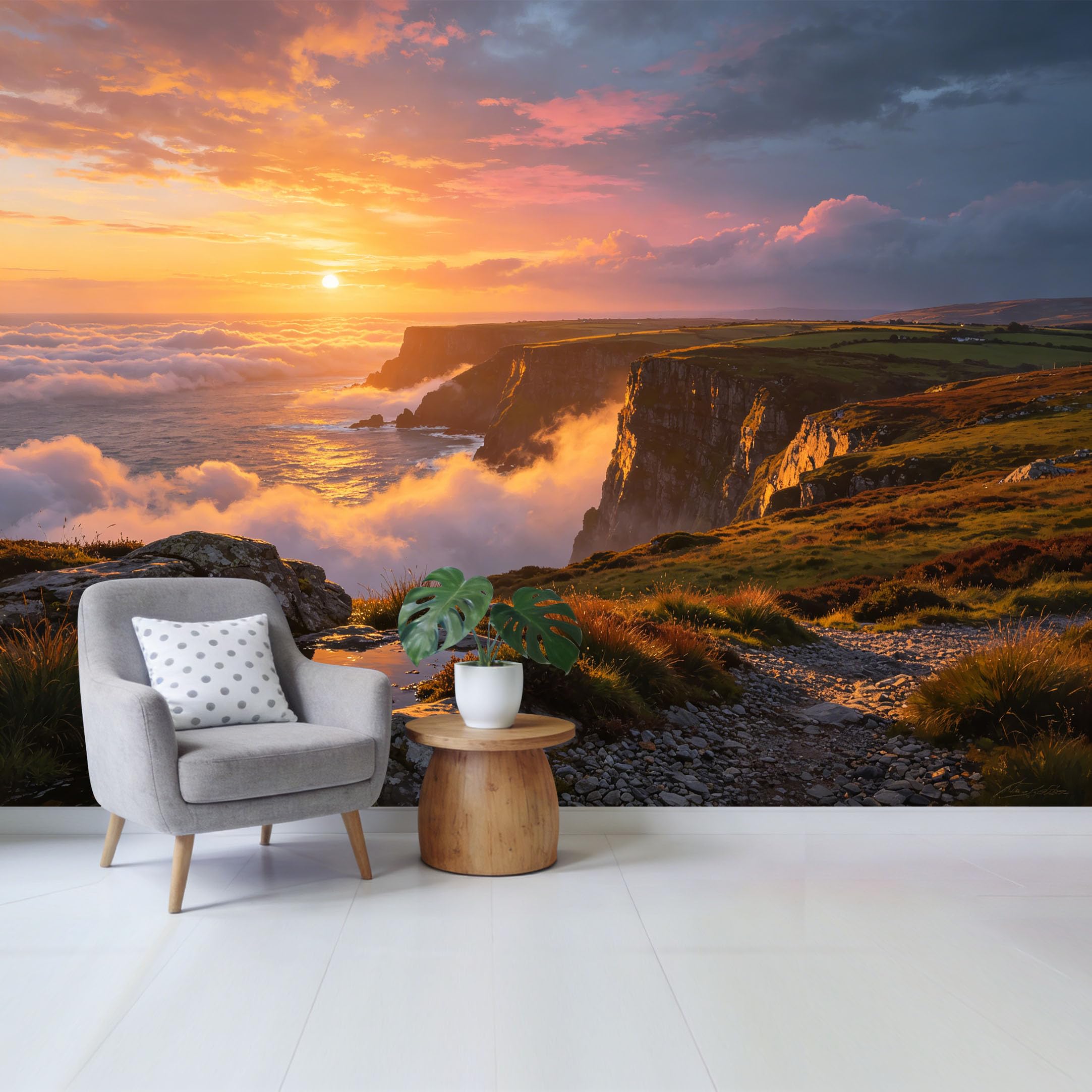 Custom Size Wall Mural Coastal Sunset Cliff Ocean Landscape Removable Self Adhesive Fabric， Home Wall Decor for Living Room Bedroom Bathroom