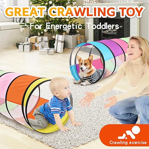 Miniatura 3 de Colorido túnel de juego para bebés con 2 lados de malla, túnel de gateo para niños, túnel desplegable para niños, túnel de gato para perros