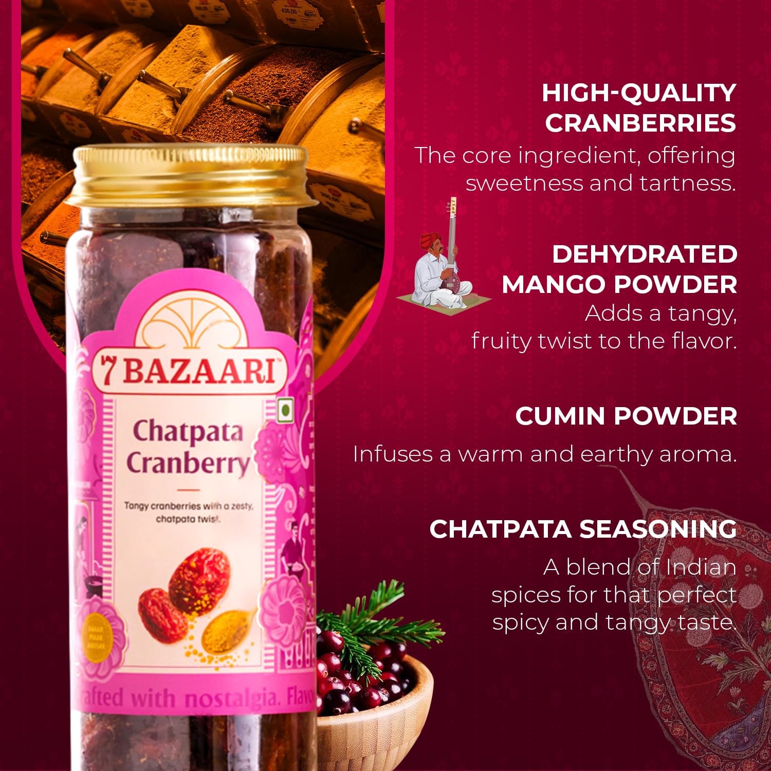 7 BAZAARI Chatpata Cranberry - Premium Spicy & Tangy Dried Cranberries with Chatpata Seasoning, Cumin, Natural Ingredients,High-Fiber, Heart-Friendly Healthy Indian Snack, 180 Gram Pack (Pack of 2) - Image 2 thumbnail