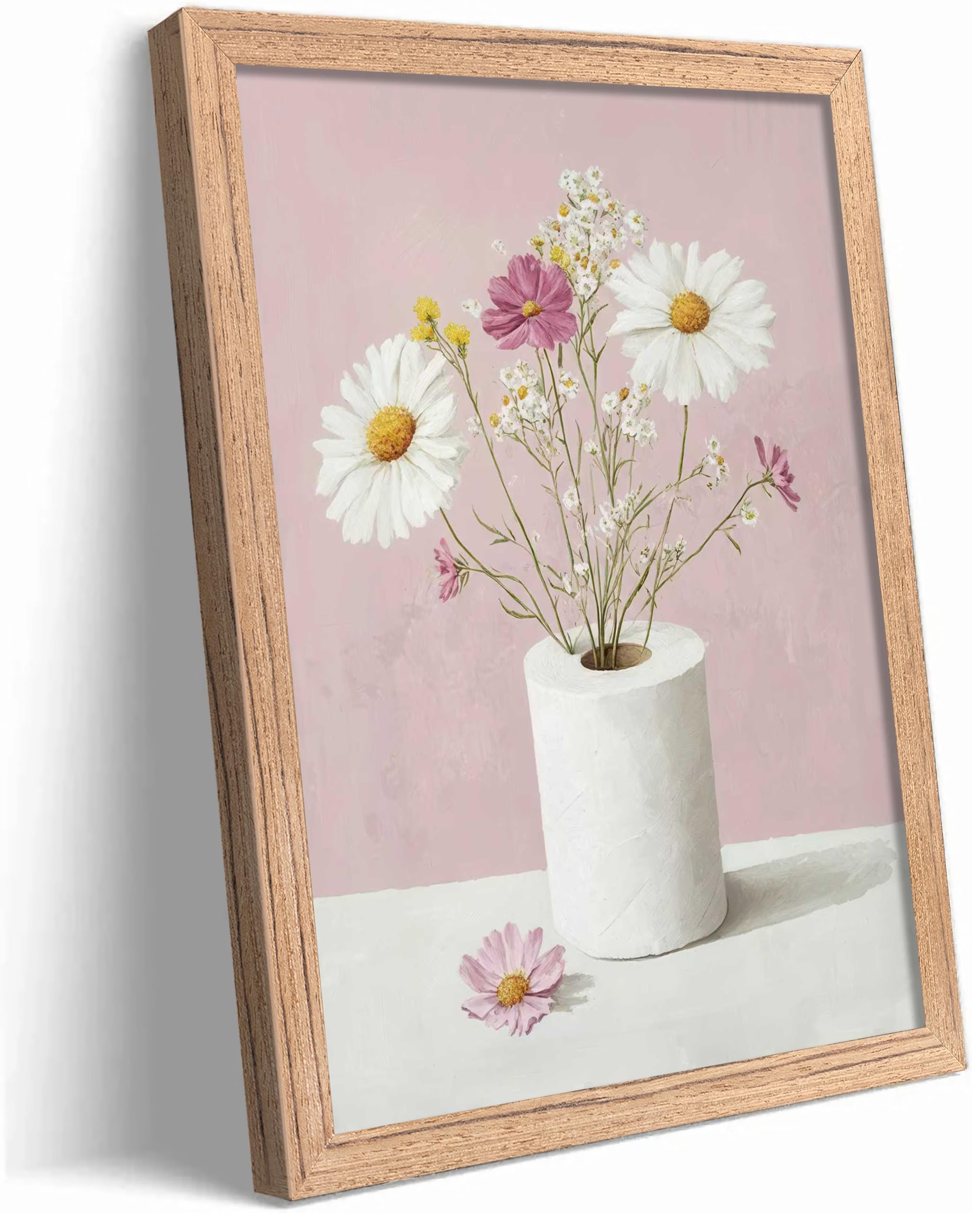 Framed Funny Bathroom Canvas Wall Art,Pink Daisy Floral Botanical Painting Picture Wall Decor,Minimalist Toilet Paper Flower Poster Print Artwork,for Restroom Toilet Home Decoration,