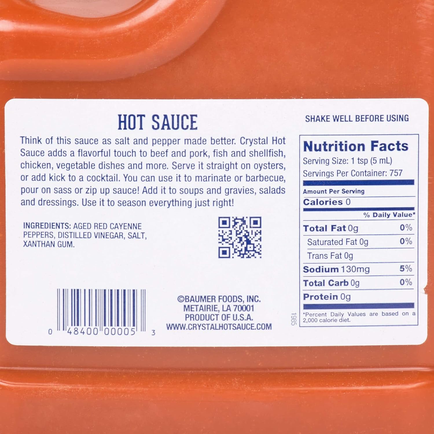 Crystal Hot Louisiana's Pure Hot Sauce, 1 Gallon / 128 Fl Oz Food Service Pack