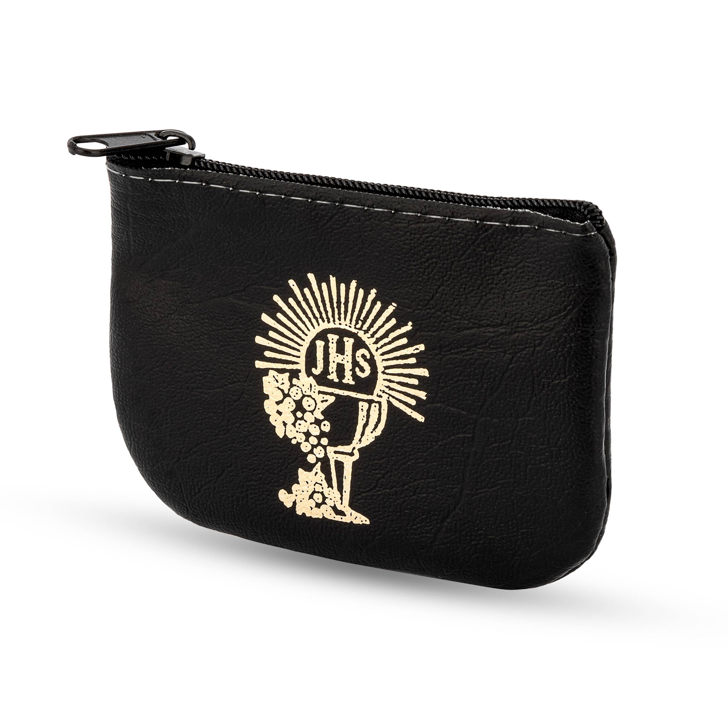 NKlaus rosario custodia in similpelle nera 6x8cm motivo calice IHS Cristo monogramma 14441