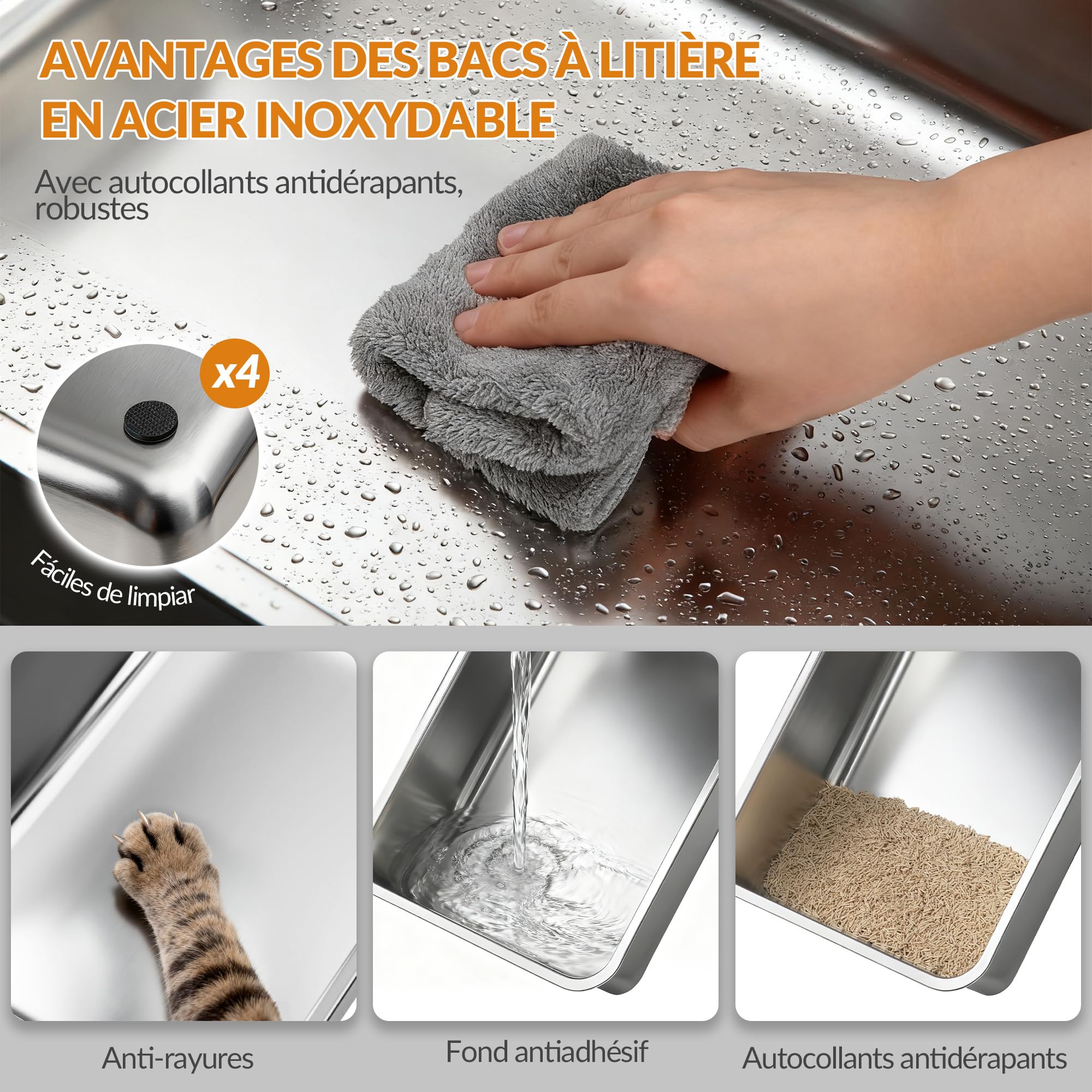 Bac à Litière en Acier Inoxydable avec Couvercle, XXL Bac à Litière Fermé,Couvercle à Charnière à 180°, Pédale et Pelle Incluses, Facile à Nettoyer, Amovible, 61 x 41 x 40 cm, Gris Clair