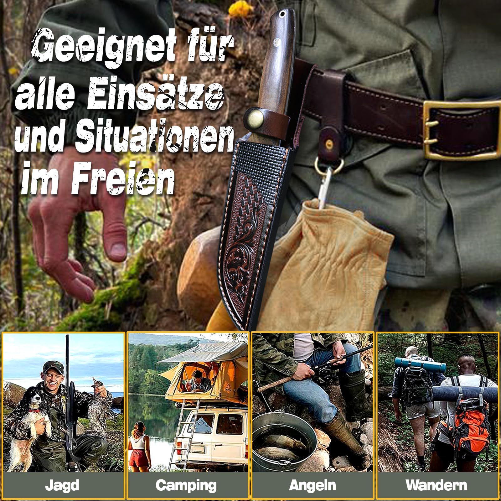 Handgeschmiedetes 67-lagiges VG10 Damast-Festklingenmesser,Outdoor Jagd-Überlebens-Gürtelmesser für Camping,Wandern,Angeln,Massivholzgriff+Echtlederscheide,edle Geschenkbox für Herren&Sammler