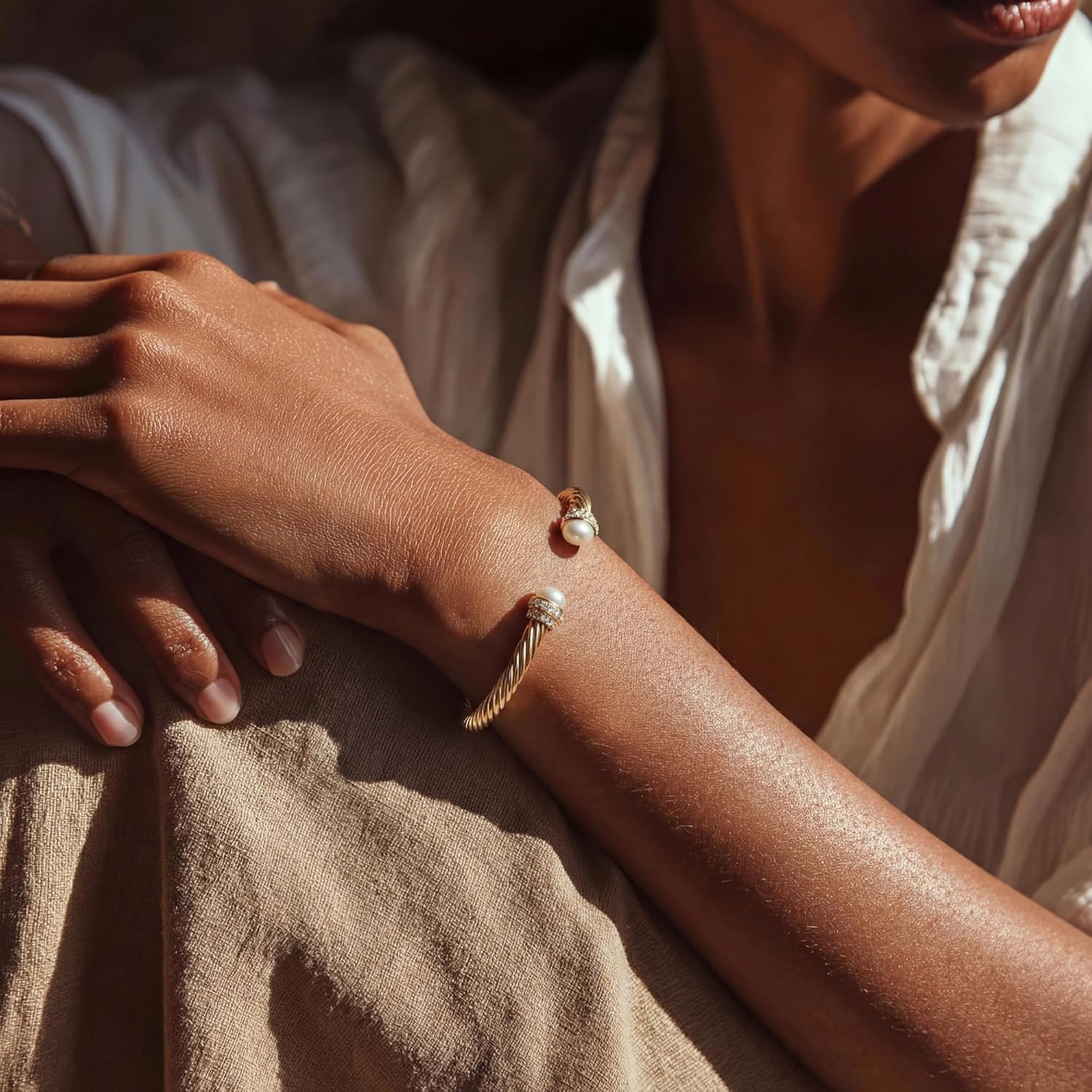 Fettero Gold Cuff Bangle Bracelets for Women - 14K Gold Plated Adjustable Open Cuff Friendship Bracelets Elegant Twisted Cable Bangle Bracelet Lightweight Pearl Bracelet for Dainty Jewelry - Image 3