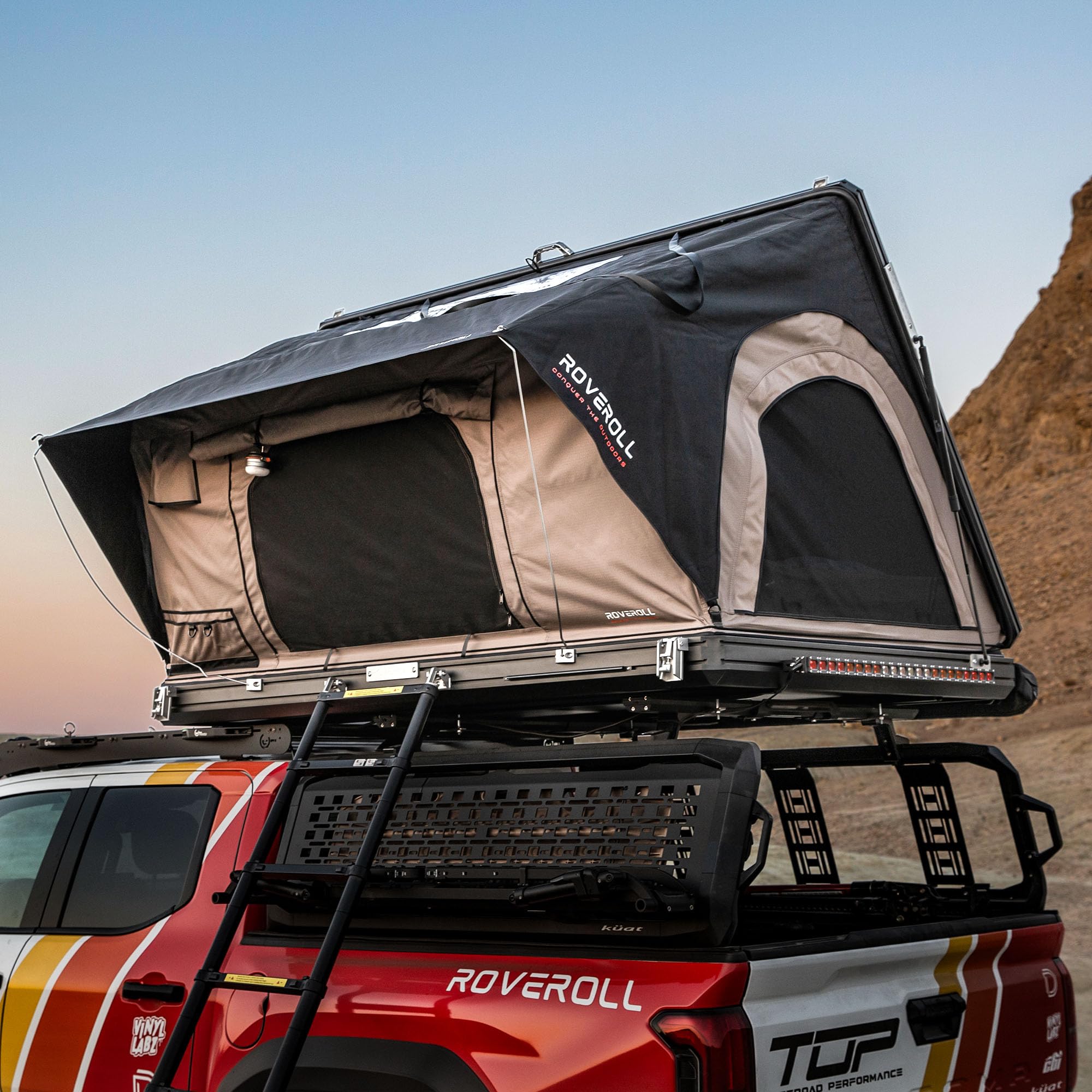 Hardshell Rooftop Tent, Roof Top Tent for 2-3, with Aluminium Ladder, Skyview Window, Mattress, LED Light, Blackout-Coated for UV Protection, Waterproof, for Truck, Jeep, SUV, Van