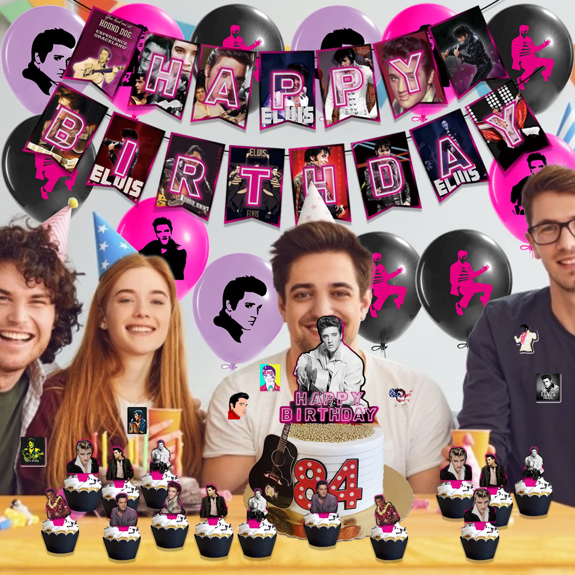 50Pcs Elvis Party Decorations Elvis Presley Birthday Party Supplies Includes Happy Birthday banner, Cake Topper, Cupcake Toppers, Elvis Presley Balloons