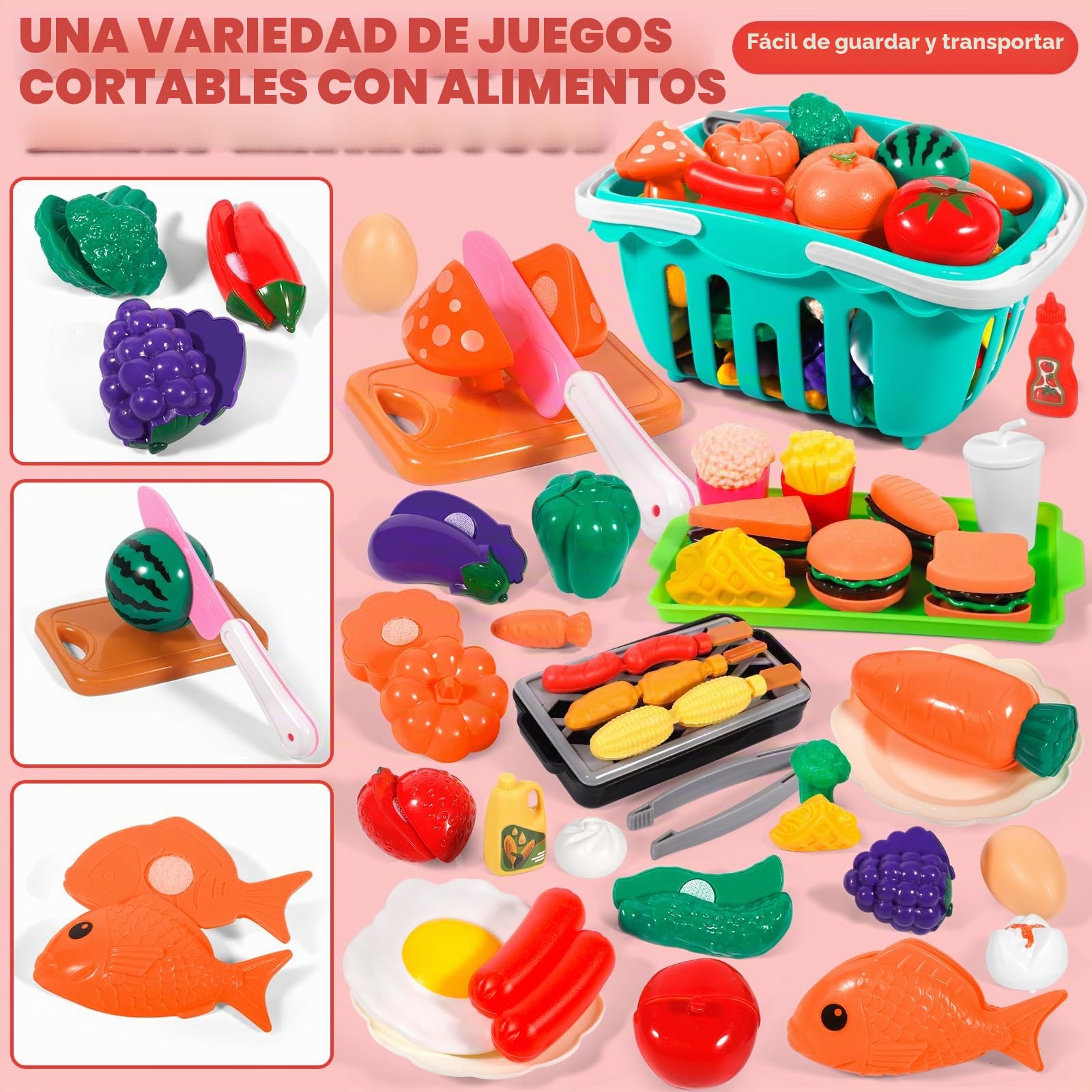102 Pcs Cocina Juguete, Accesorios Cocina Infantil Exterior, Juego de Roles de Cocina, con Accesorios Cocina, Cazuelas, Comida de Juguete y Cesta de la Compra para Niños y Niñas de 3 a 8 Años