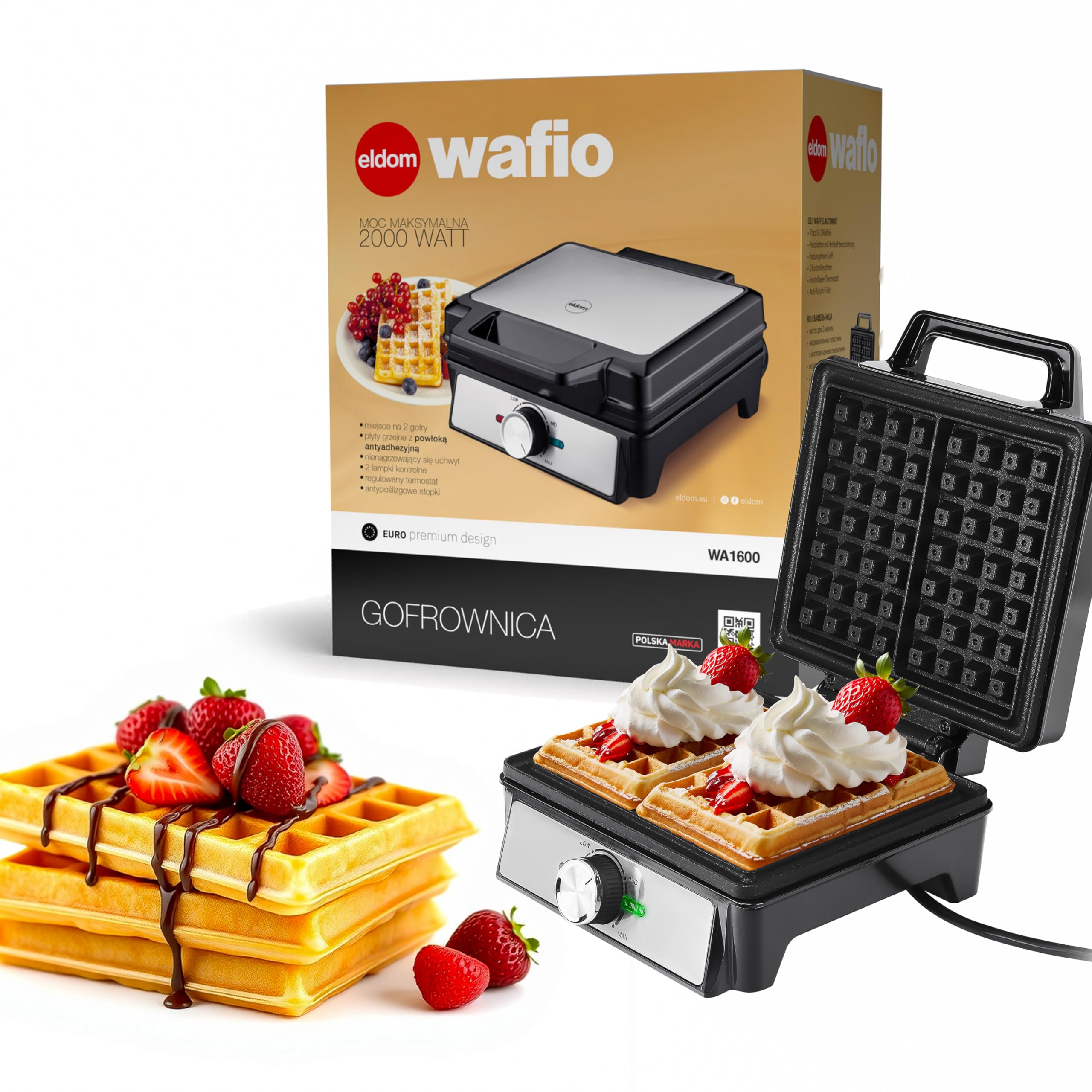 Gofrera para 2 gofres rectangulares (14,5 × 9 cm) - Control de temperatura, gofrera para 2 gofres, antiadherente, compacta y resistente, potencia 1600 W