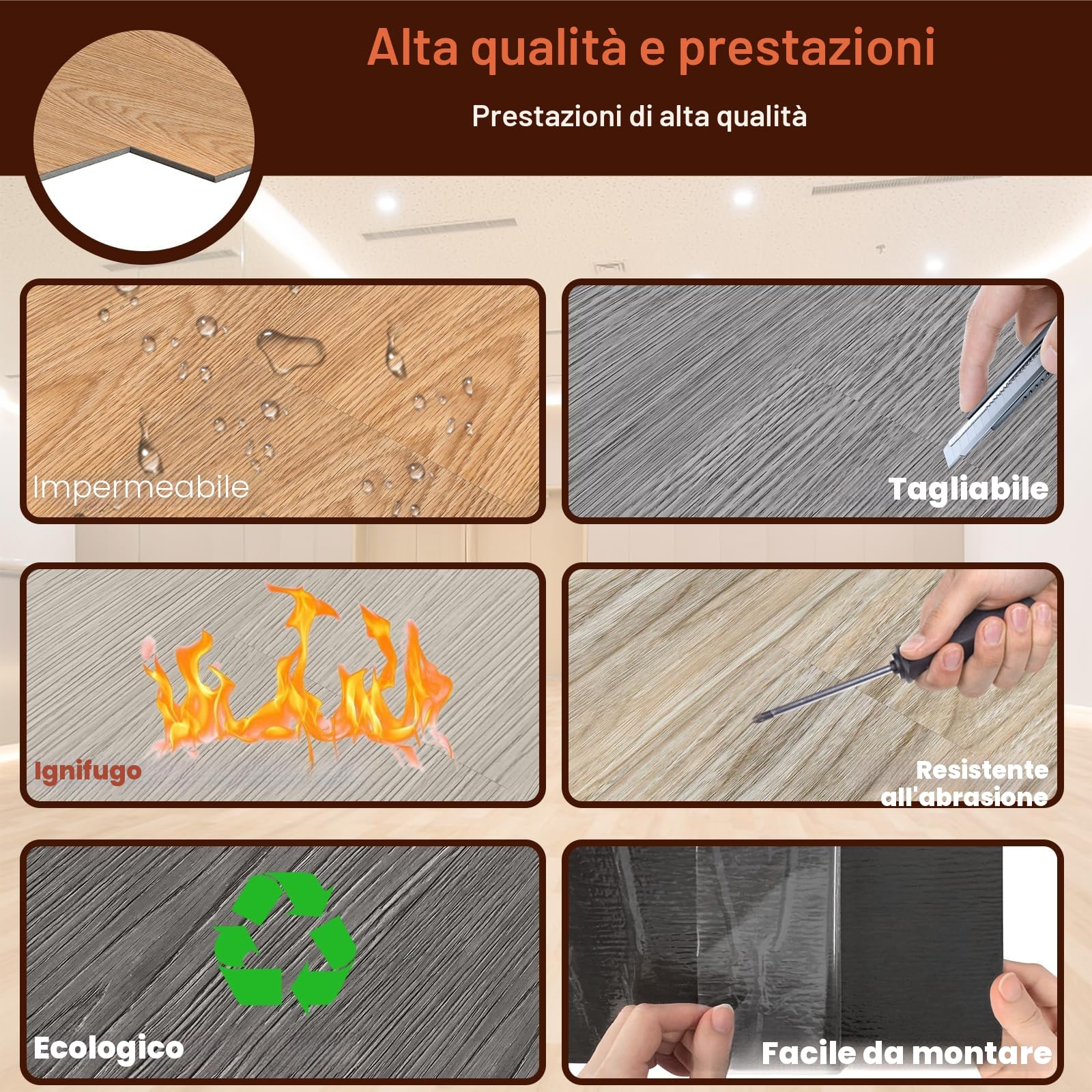 Pavimentazione autoadesiva in PVC con effetto legno, 18 pezzi, 2,51 m², antiscivolo, impermeabile, ignifuga, rovere classico