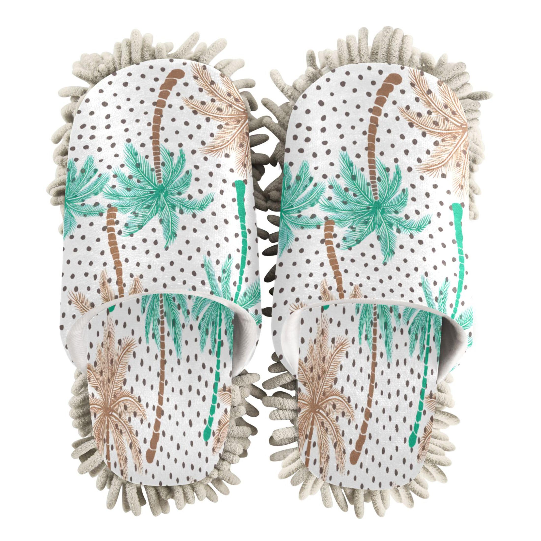 Kigai Tropical Palm Trees in Teal Brown Mop Slippers for Floor Cleaning, Slippers for Women Men, Microfiber Floor Cleaning, M