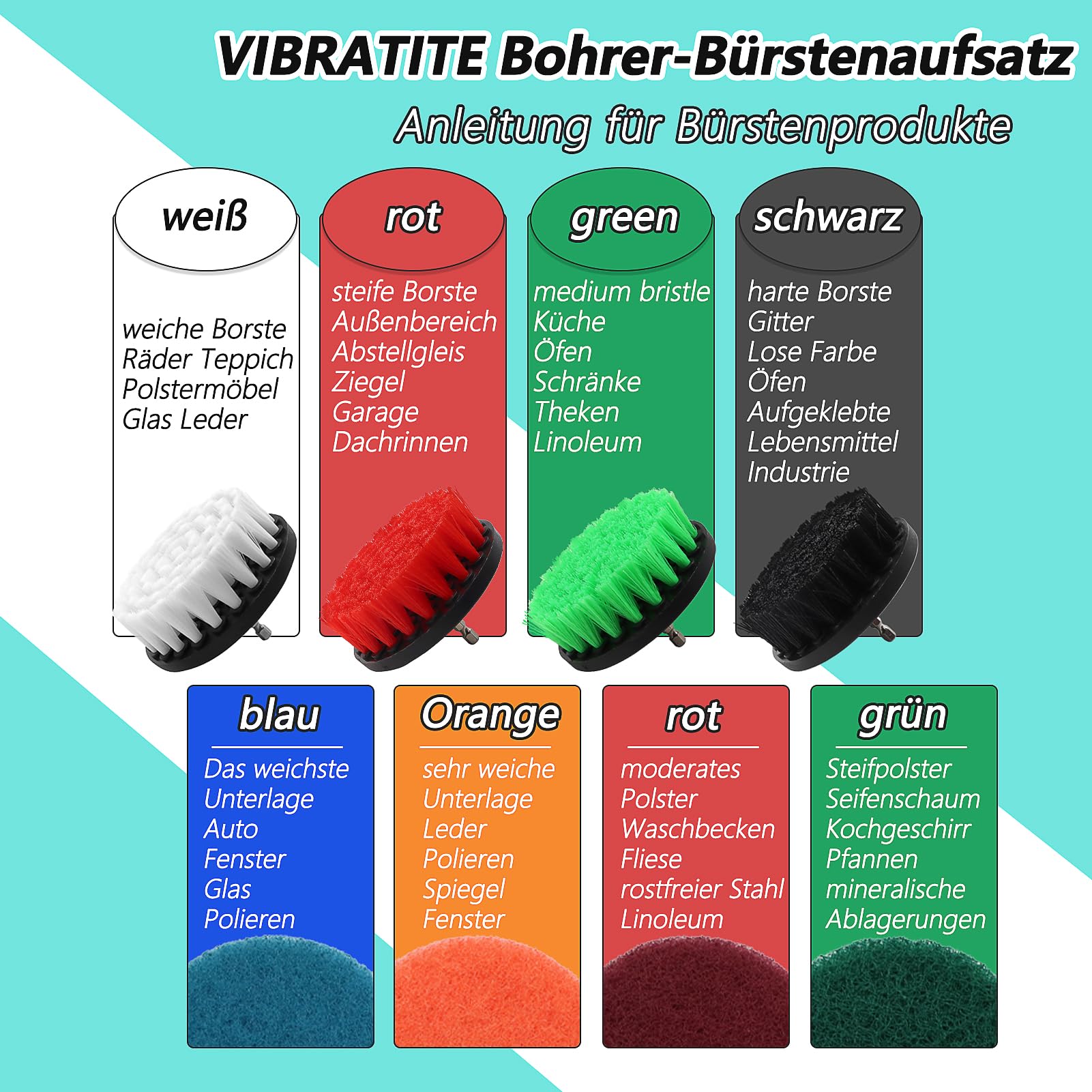 VIBRATITE Set di 20 spazzole per trapano a batteria, spazzola per la pulizia dei cerchioni, kit per la pulizia dei cerchioni, Power Scrubber per bagno, cerchioni e tappezzeria, verde