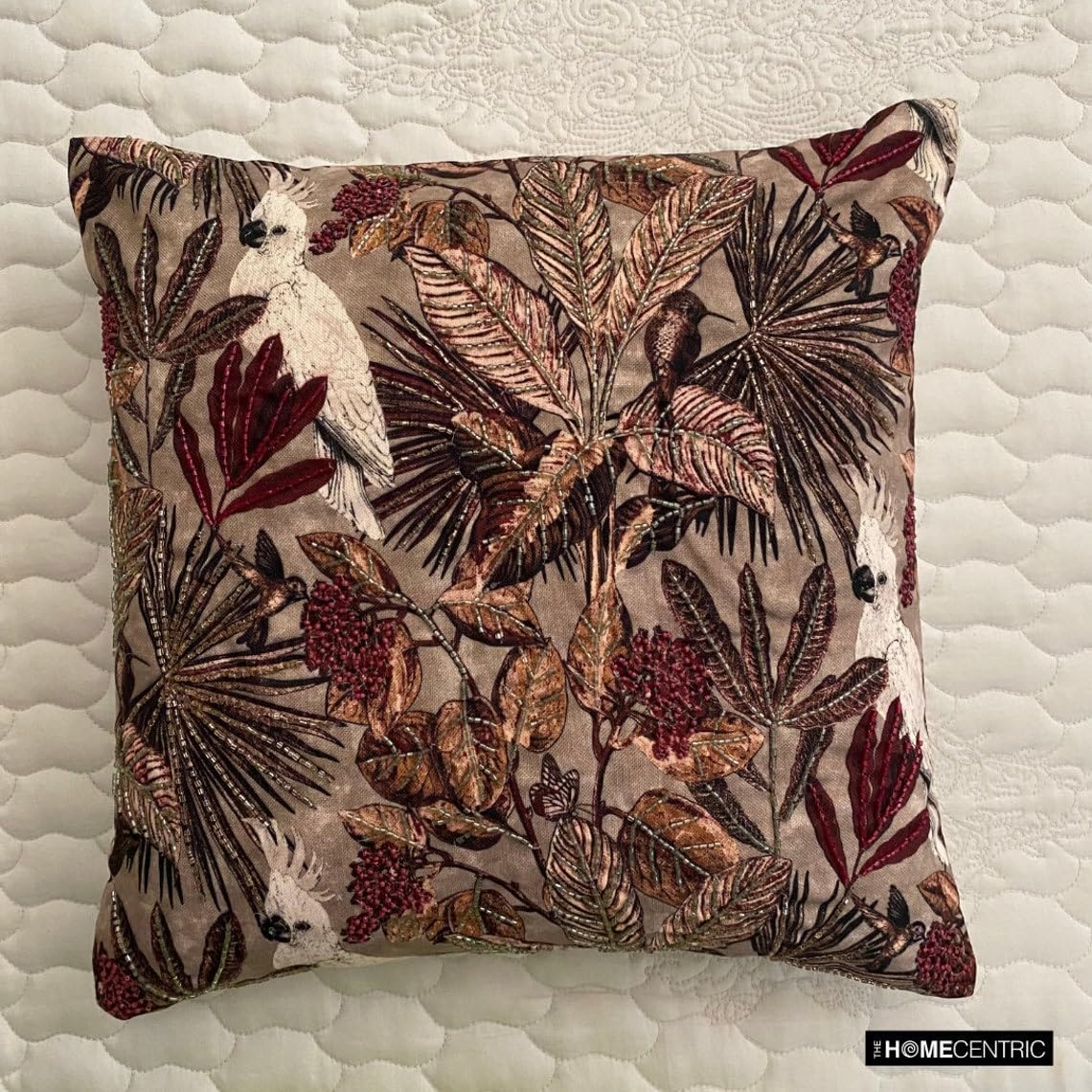 The HomeCentric Pack of 2 Decorative Throw Pillow Cover Sage 14"x14" Cotton Bird, Embroidery, Beaded, Handmade, Printed, Floral Cushion Covers for Couches and Sofas, Tropical Modern - Cockatoo Sage