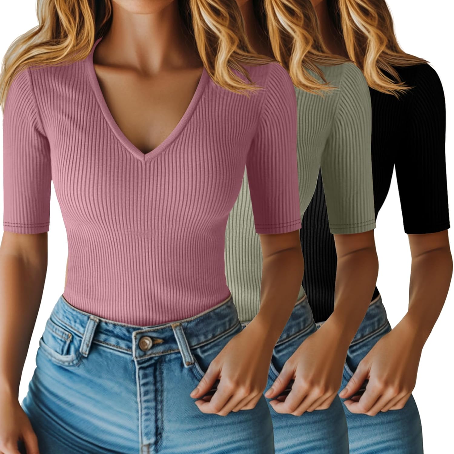 Riyiper 3 Pack Women's Half Sleeve Top Elbow Length Ribbed Cotton T Shirt Women V Neck Summer Tee Slim Fit Casual Blouses