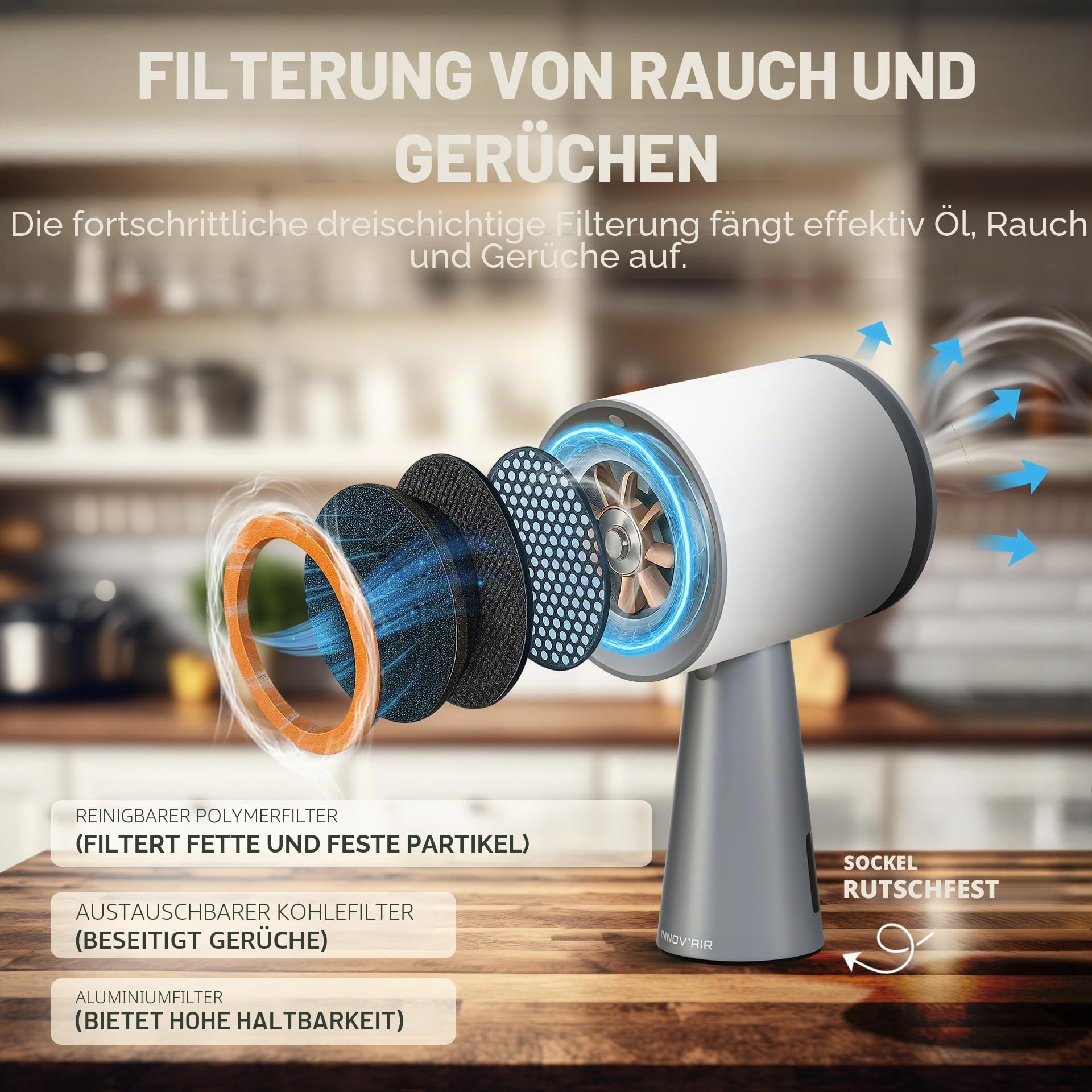 INNOV'AIR Dunstabzugshaube, 180 m³/h, tragbar, 3 Geschwindigkeiten, leise, mit Kohlefilter, Mini-Dunstabzugshaube, tragbar, für Küche ohne Abfluss und Außenbereich