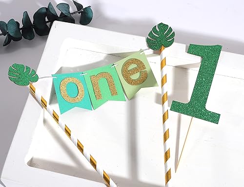 Miniatura 8 de Wild One Jungle Safari - Decoración para pastel de primer cumpleaños, purpurina dorada y verde, accesorios para tartas