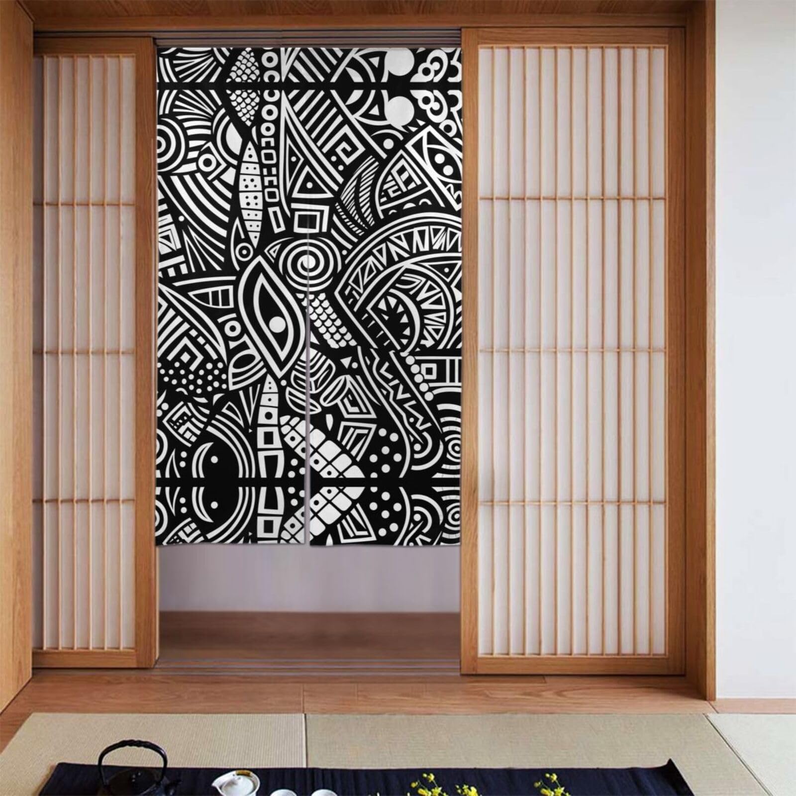 Rideau de porte noir et blanc 86x142 cm anti-regard pour cuisine