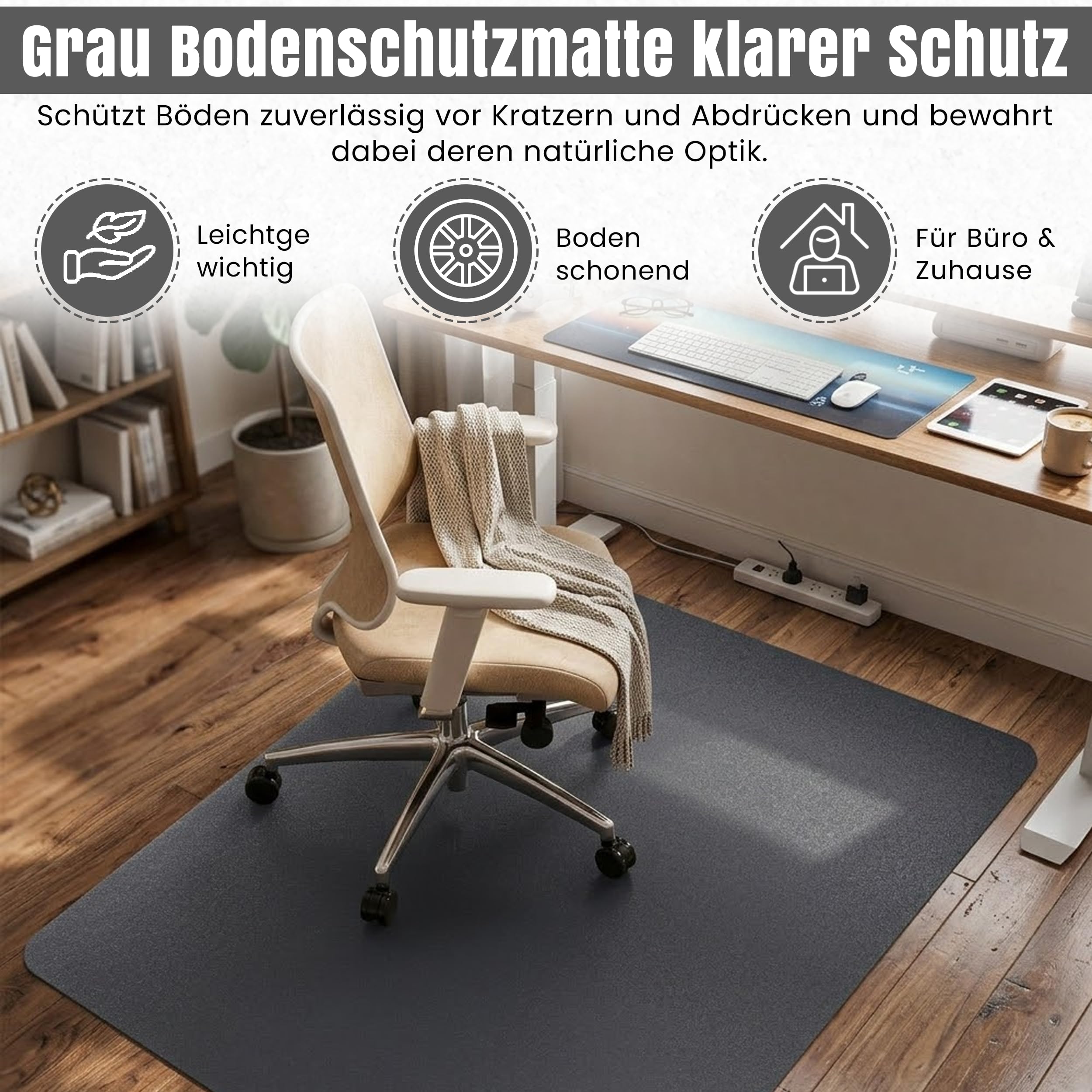 LP Projekt Bodenschutzmatte 117x153cm – rutschfeste und strapazierfähige Bürostuhlmatte für Hartböden und Teppich | Grau Bodenschutzmatte für Zuhause & Büro | Erhältlich in verschiedenen Größen