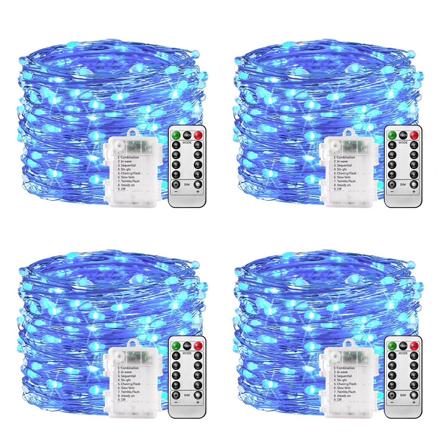 plainshe Battery Fairy Lights - 4 Pack Blue Color, 10m 100 Led Copper Wire Fairy Lights, 8 Modes Remote Control Timer, Waterproof String Lights Battery Operated, Christmas Decoration Indoor Outdoor