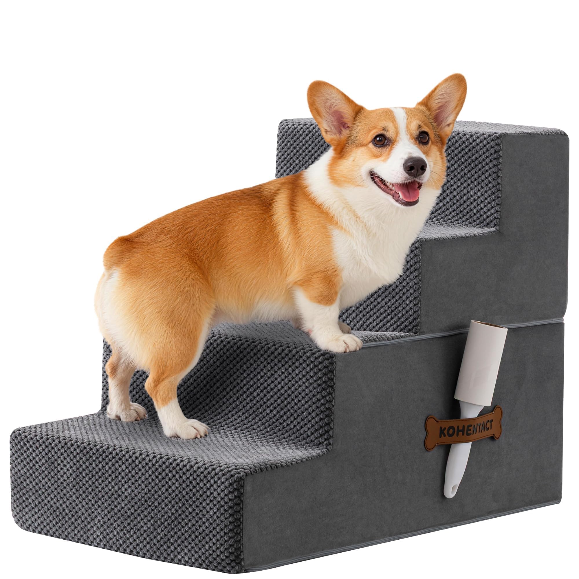 Dog Ladder and Ramp for High Bed and Sofa, 13-24 Inch Removable Stairs for Small and Medium Dogs, 40D Sturdy Foam, Non-Slip, Washable Cover with Lint Remover Roller, Grey