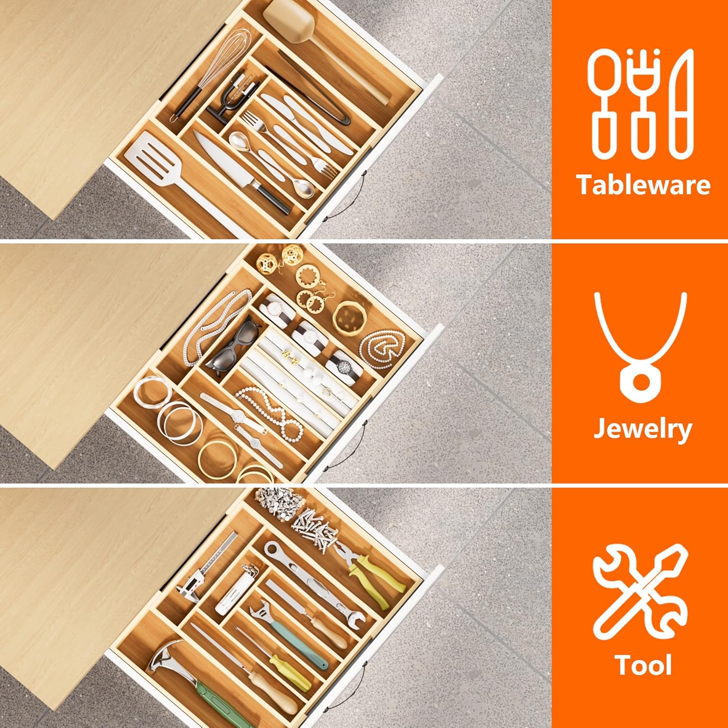 Expandable and Adjustable Bamboo Drawer Organizer Tray - Cutlery Drawer Organizer for Kitchen Utensils, Silverware Organizer with Dividers, 7-9 Slots with Curved Grooves (Natural) - Image 8