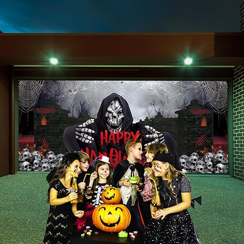 Miniatura 9 de Vlipoeasn Decoraciones para puerta de garaje de Halloween, 7 x 16 pies, pancarta para cubierta de puerta de garaje, calavera fantasmas, Halloween,