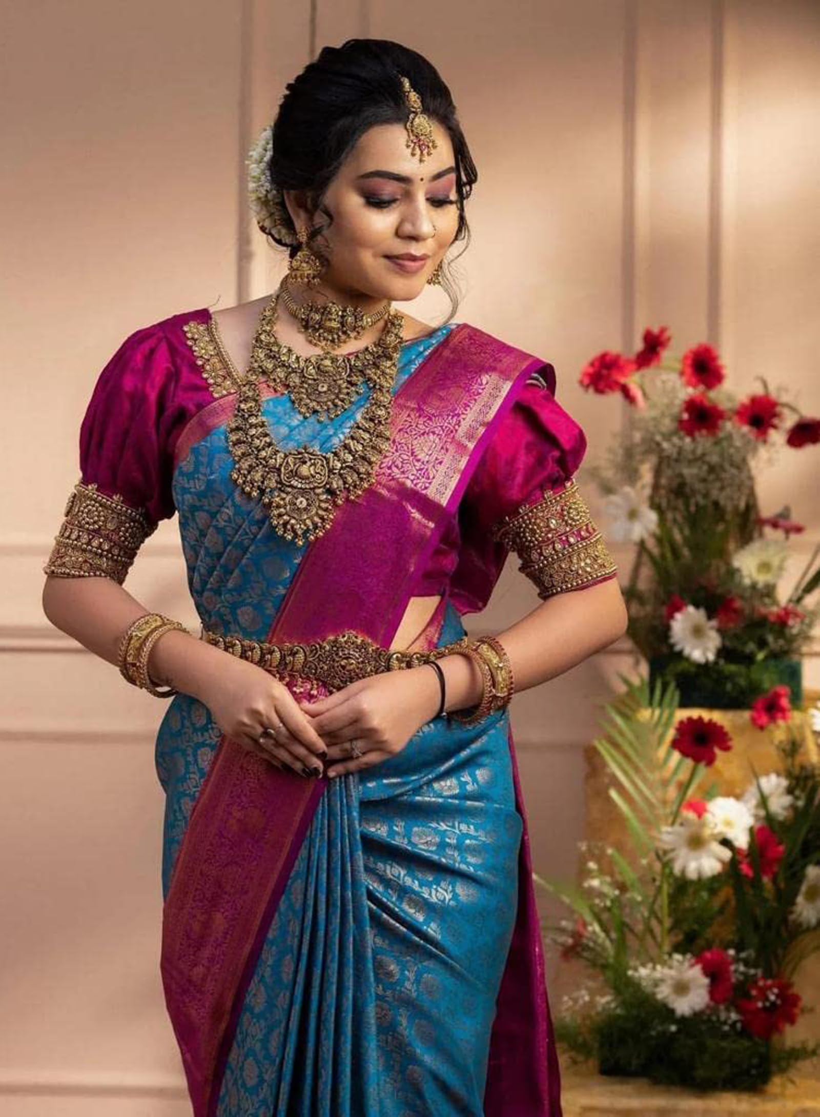 Indyjskie Sari Dla Kobiet W Stylu Kanjivaram Niebieskie Sari Banarasi Jacquard Z Nieszytą Bluzką