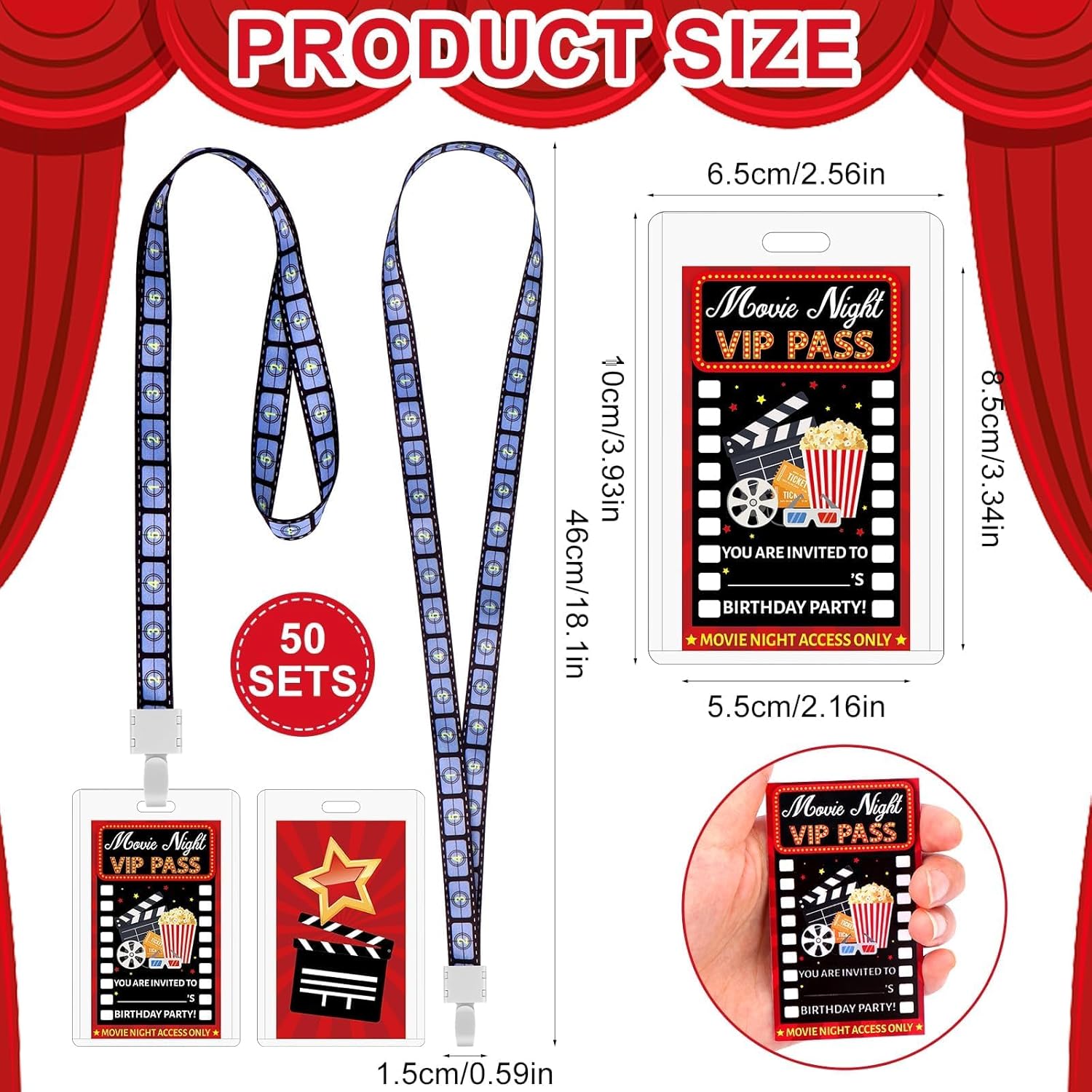 50 Sets Movie Night Party Favors VIP Badge Lanyards Plastic Clear Backstage Pass Cards Breakaway Lanyard Bulk for Film Birthday Theatre Party Supplies