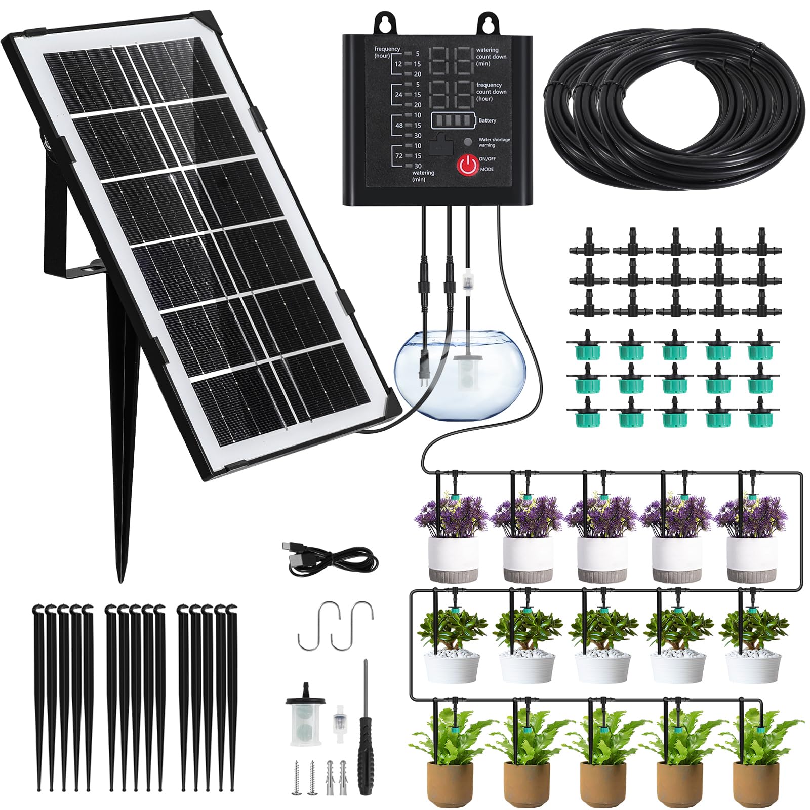 Solar Automatic Drip Irrigation System Kit, Solar Garden Watering System Support 15Pots,12 Timing Modes Solar Powered Plant Watering Devices for Indoor & Outdoor Plants