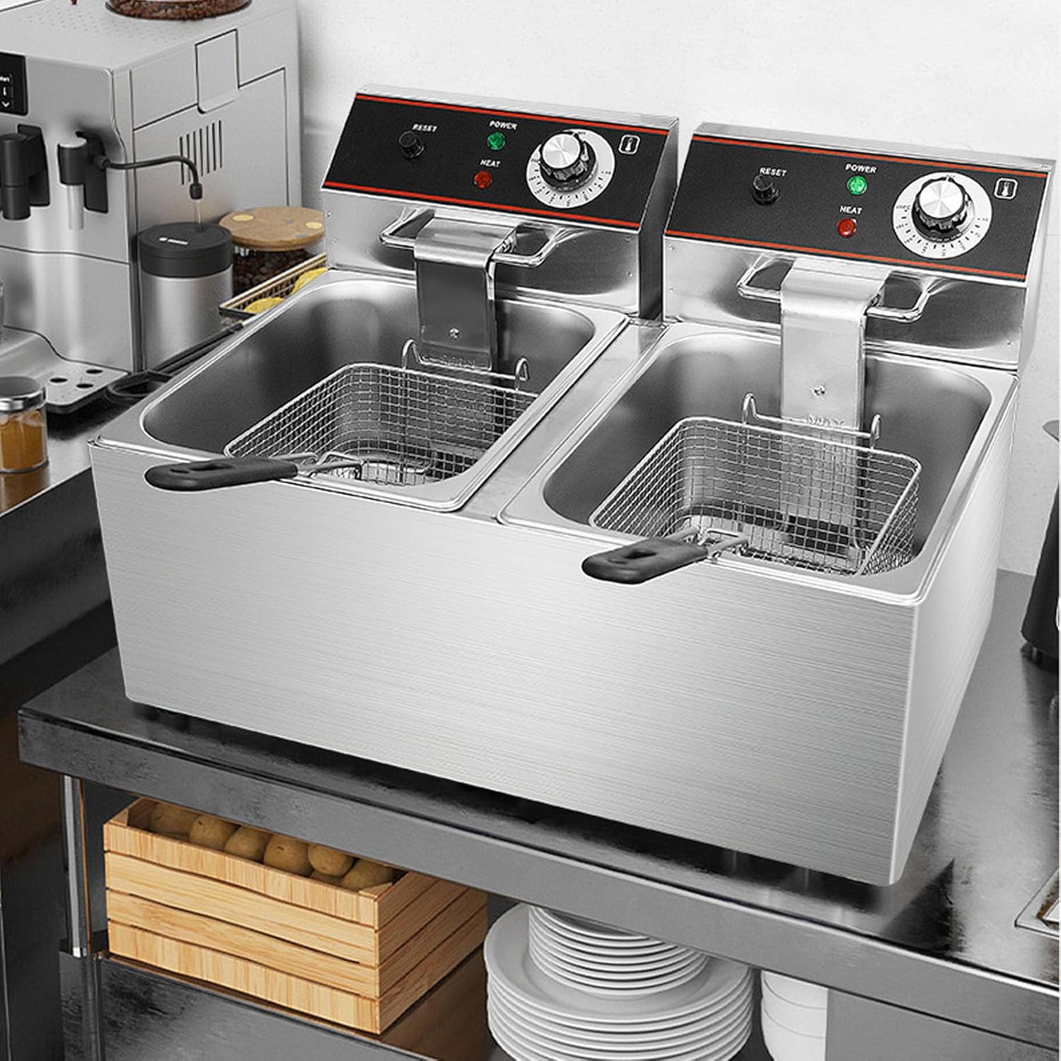 Double Cylinder Deep Fryer with 2 Frying Baskets,12L Stainless Steel Electric Turkey Fryer,Idea for French Fries/Shrimp,L