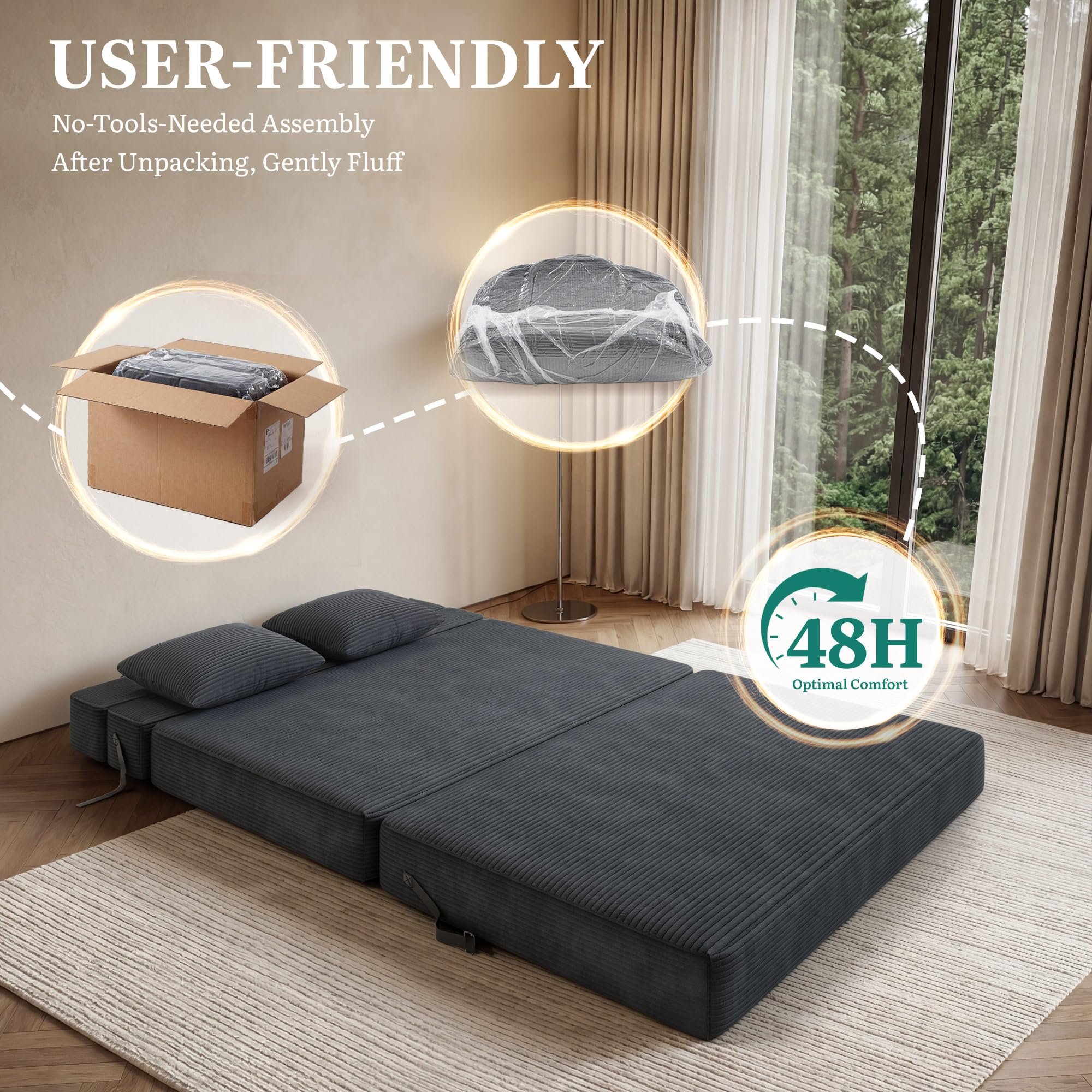 YITAHOME Convertible Sofa Bed | Floor Futon Couch with Corduroy Cover & High-Density Memory Foam, Folding Chair Bed for Dorms Guest Room and Apartment, Queen