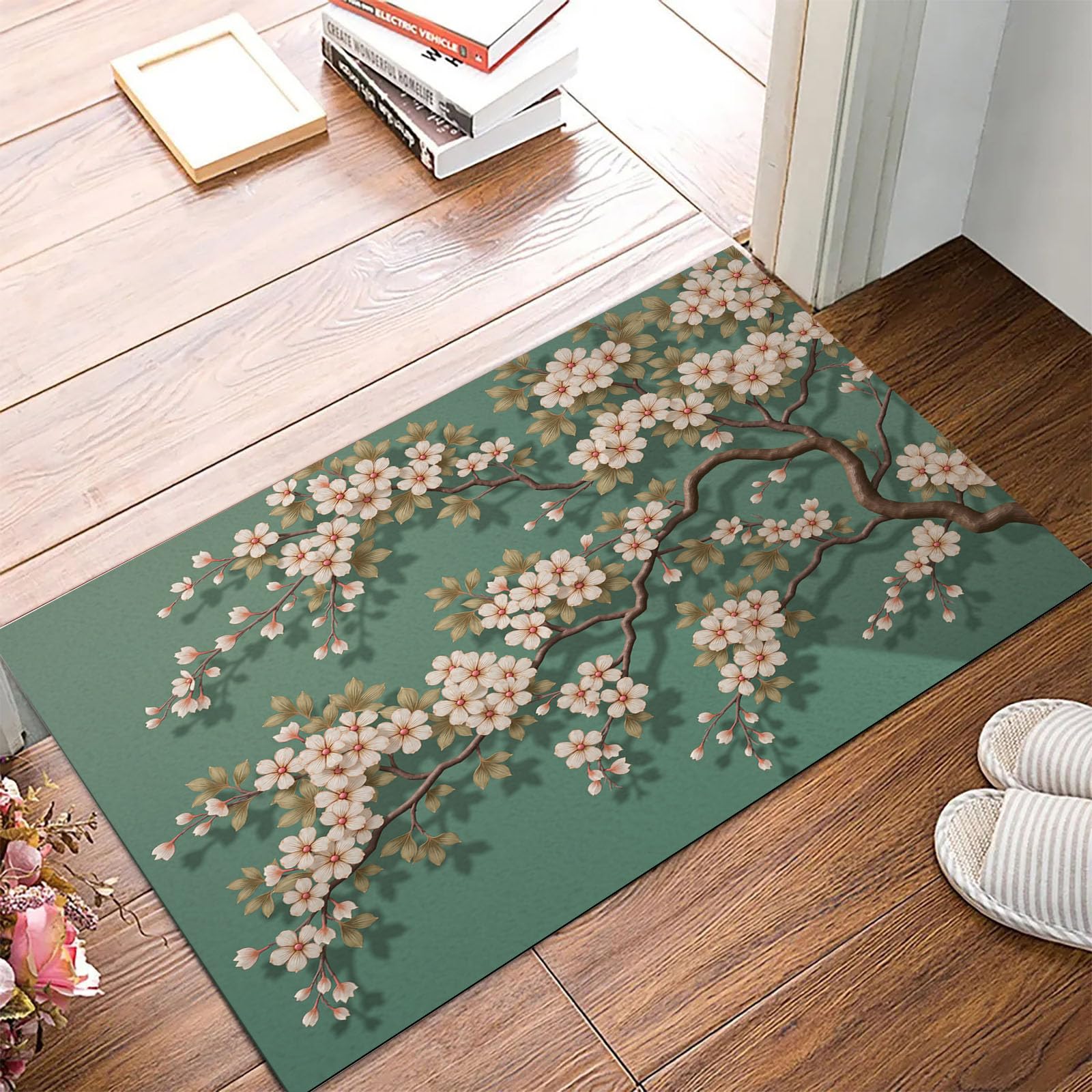 Tapis entrée intérieur 90x150cm sauge verte avec motif arbre à fleurs japonais