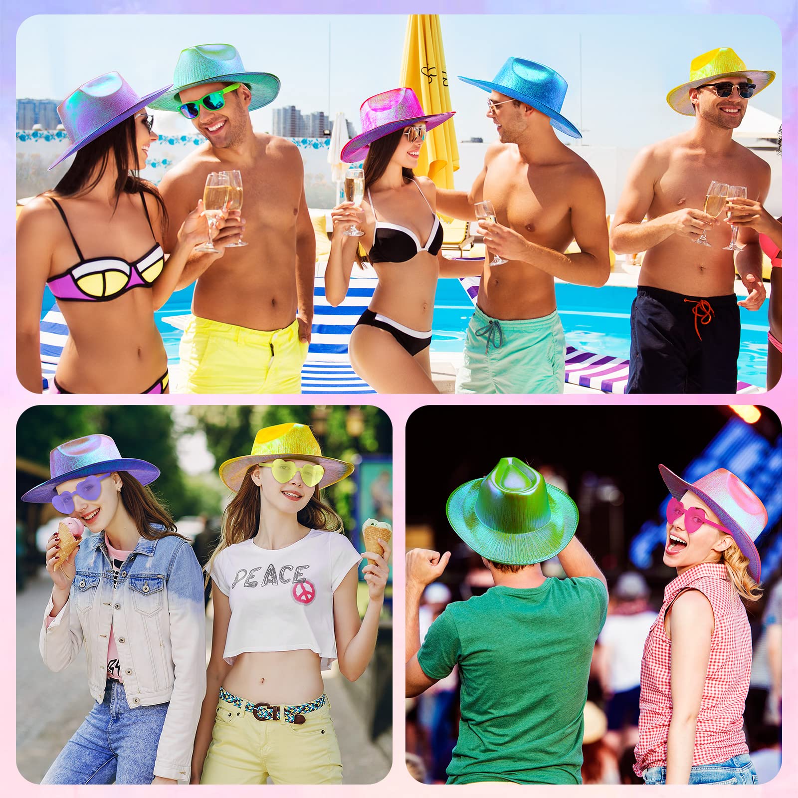 23 Stück holografischer Cowboyhut für Damen und Herren, Neon-Weltraum-Cowgirl-Hut mit Herzform, randlose Sonnenbrille, Glitzer-Konfetti