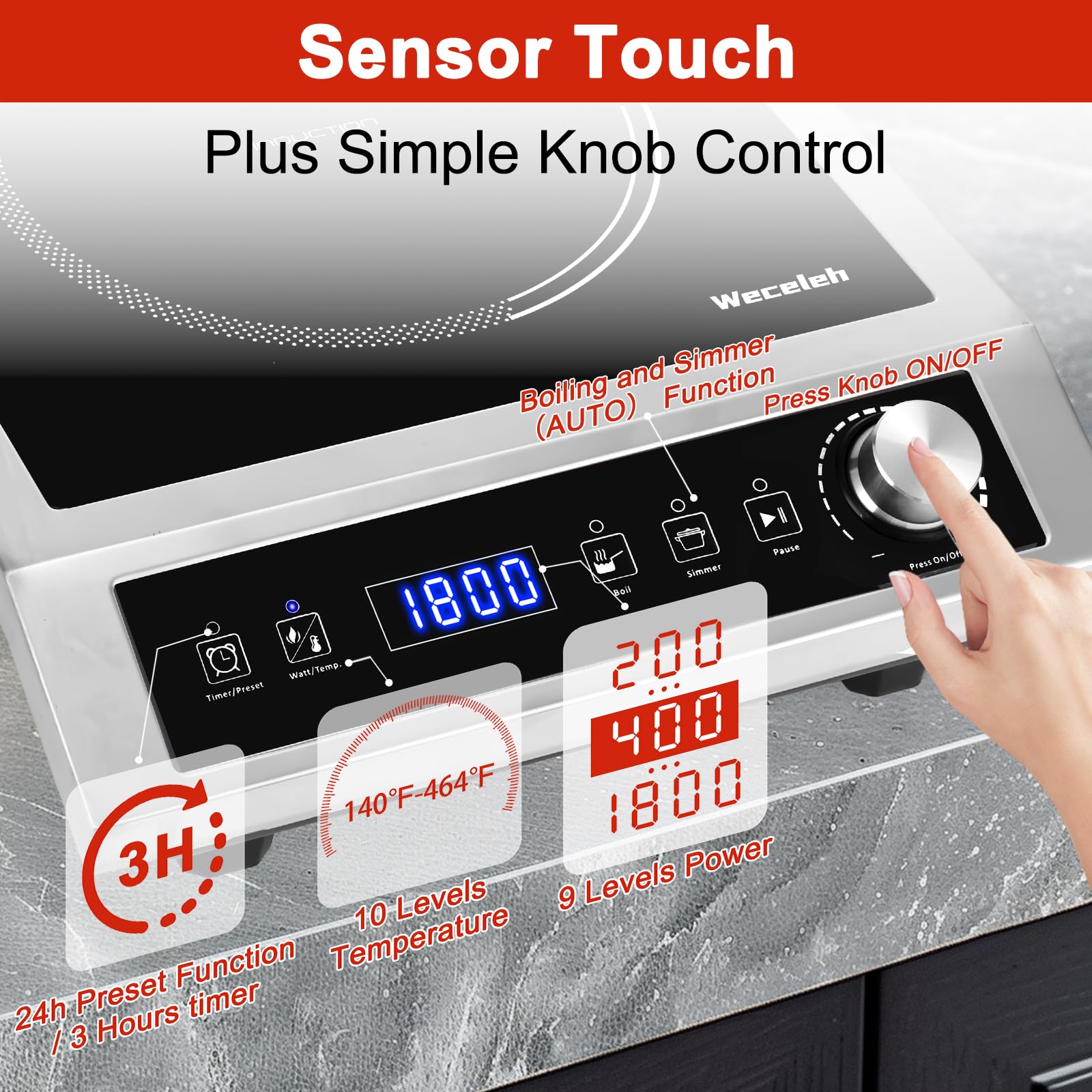 Commercial Induction Cooktop 1800W Portable Electric Induction Burner Countertop Burner with 9 Power Levels,3 hours Timer,Child Safety Lock,Overheat Protection