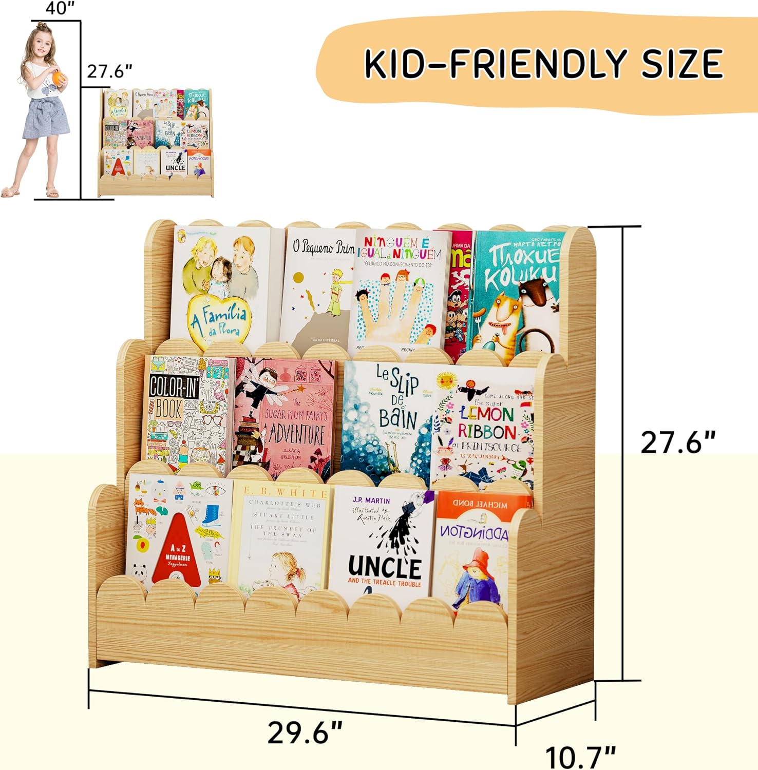 3-Tier Kids Bookshelf, Scalloped Montessori Bookshelf for Toddler and Baby, Small Childrens Bookcase, Solid Wood Book Shelf for Kids Room, Nursey, Playroom and Classroom, Natural