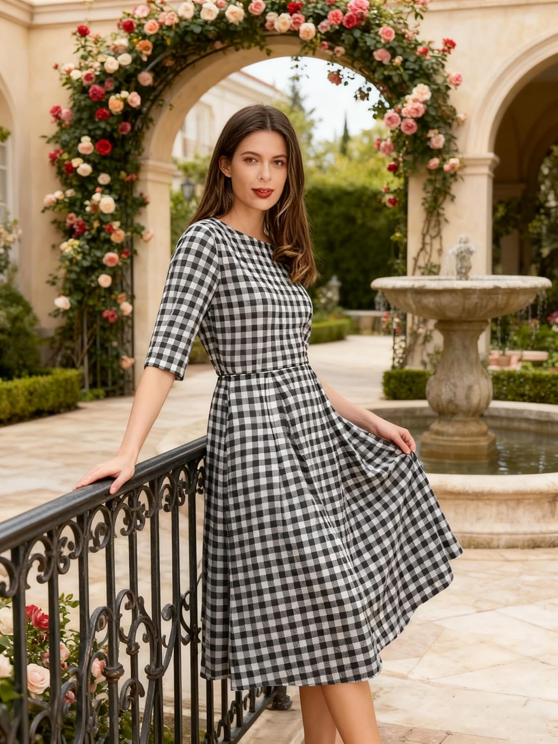 oxiuly Women's Vintage Patchwork Pockets Puffy Swing Casual Party Dress OX165