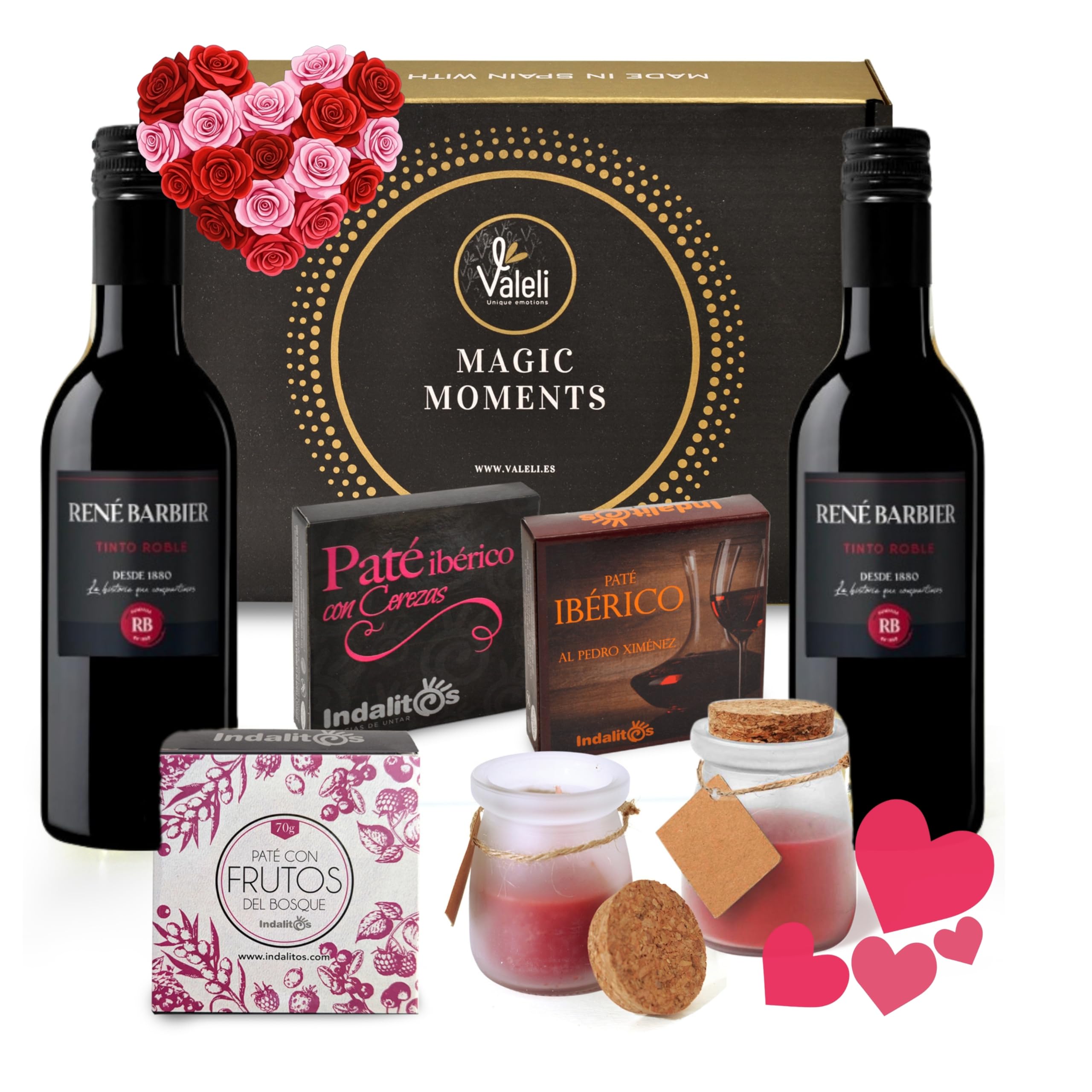 VALELI Cesta Gourmet para Regalar con Patés Ibéricos, 2 Botellas de Vino 25cl y 2 Velas Decorativas
