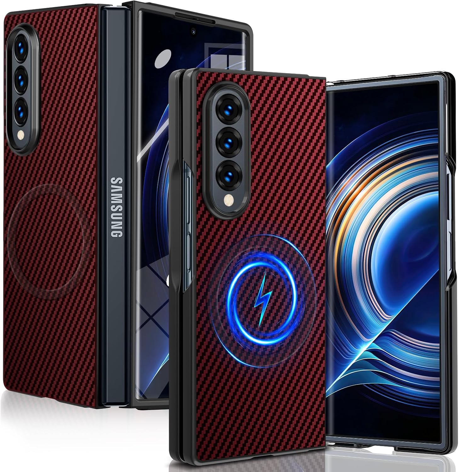 Magnetic for Samsung Galaxy Z Fold4 Case with Carbon Fiber Texture Design,Wireless Charging [PC] Military-Grade Shockproof case Cover for Z Fold 4[Red] MUS-TQCX-02-07