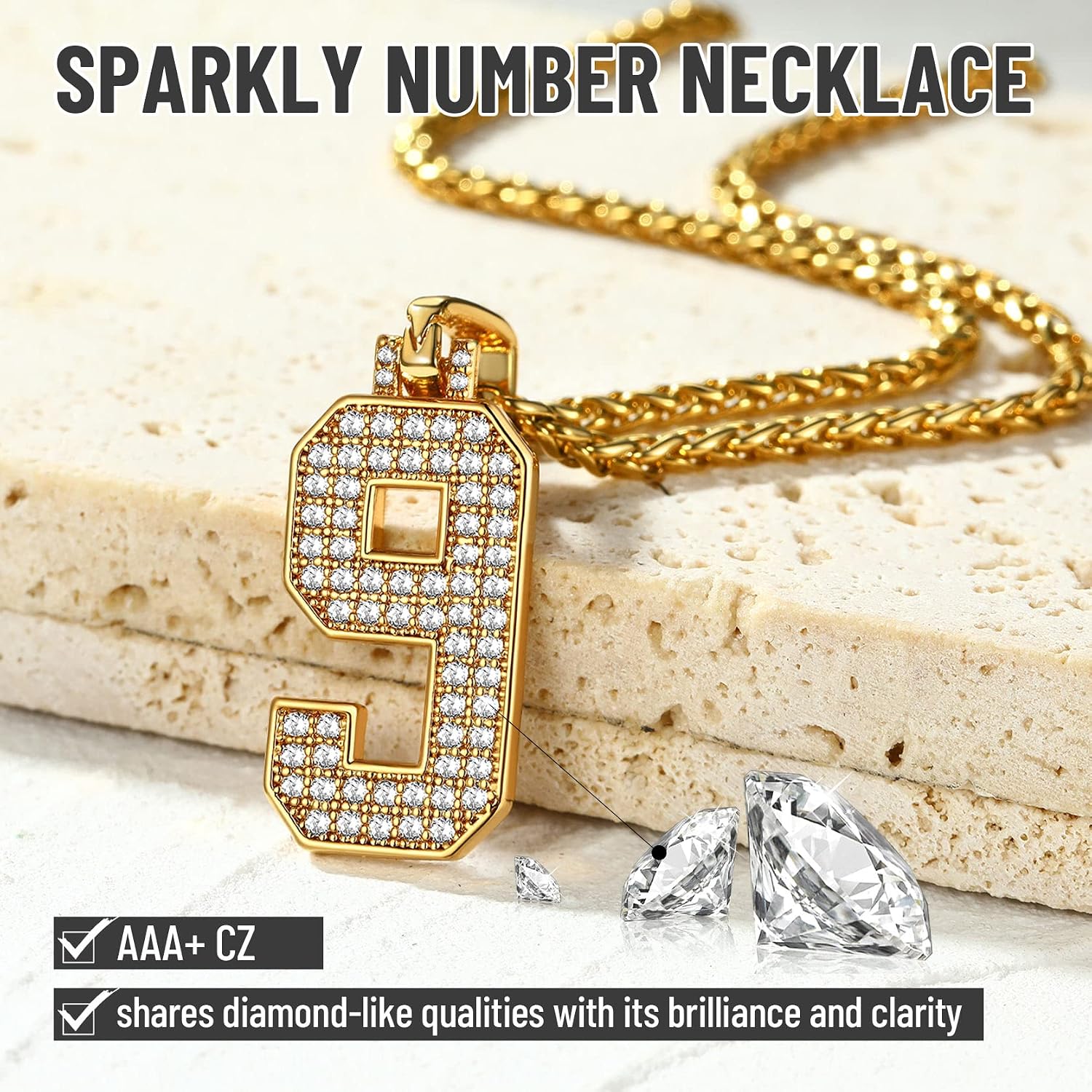 KeyStyle Number Necklaces For Men, Bling Numbers Chain Necklace Hip Hop Simulated Diamond Pendant with Tennis Chain Spiga Chains
