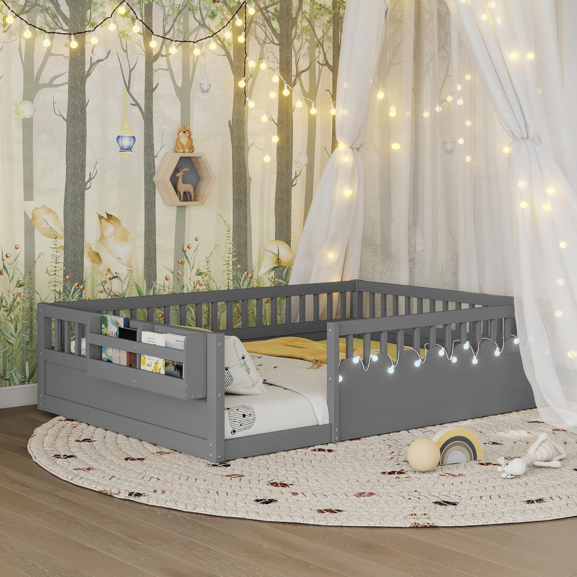 Montessori Floor Bed with High Rails,Full Size Floor Bed Frame for Kids, LED Lights & Storage Shelf, Safe & Wider Opening Gate Design, Playground & Sleep Space for Girls Boys,Grey