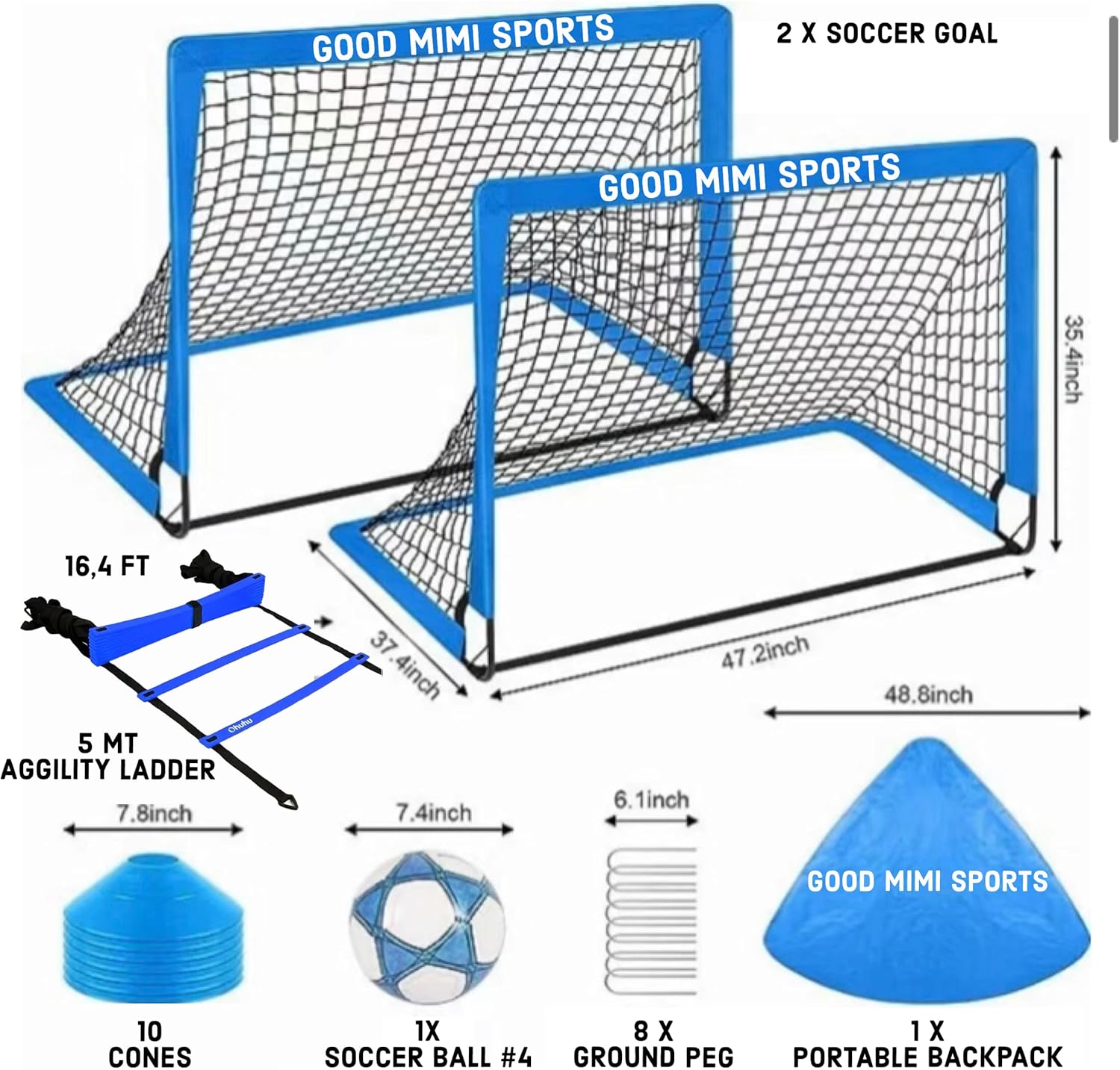 Kids Soccer Goals for Backyard, 2 of 4x3 ft Portable Soccer Goal Set Net with 10 Cones, Agility Ladder, Ball Size #4, Air Pump & Carry Bag, Toddler Soccer Training Equipment Kit