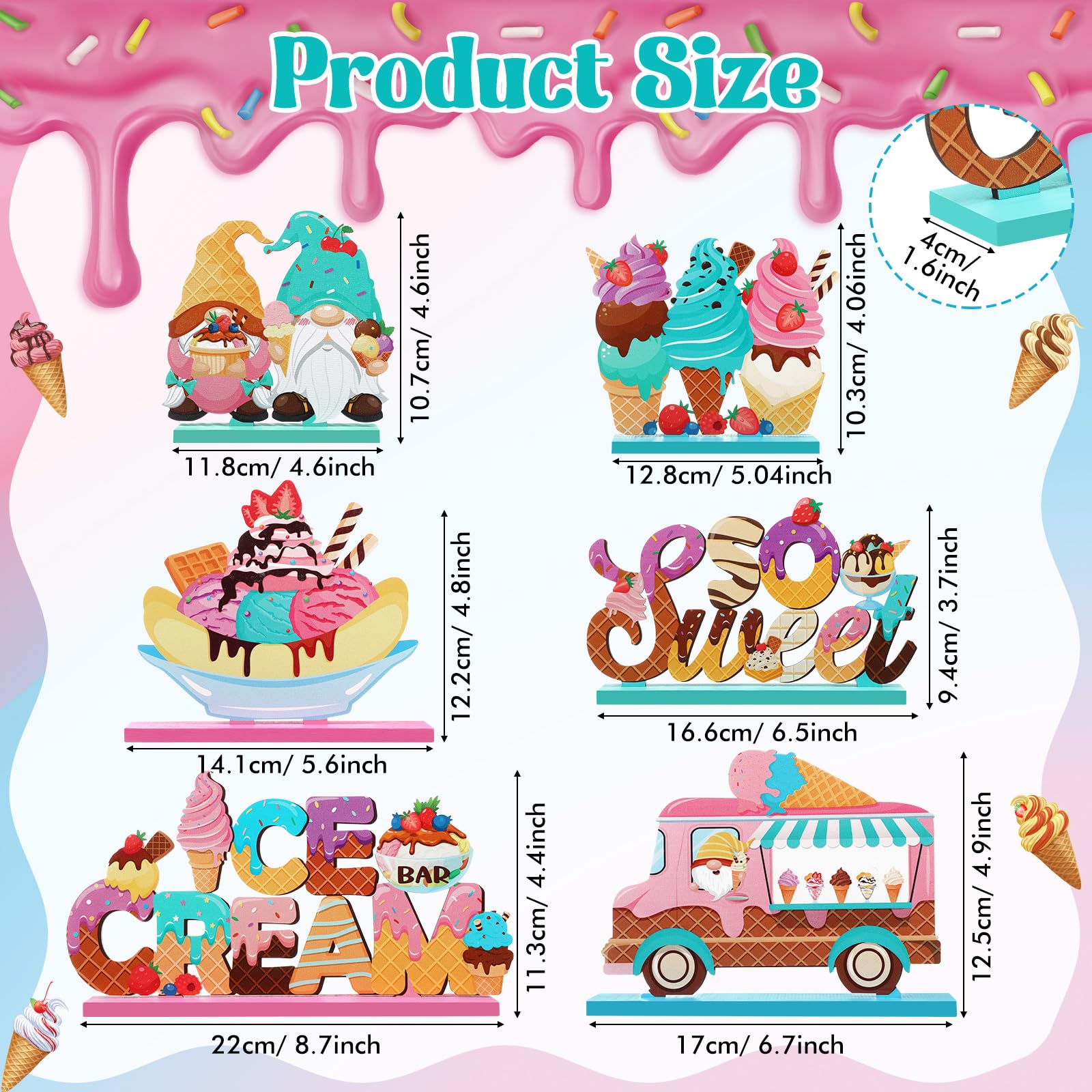 Blosssound 6 Pcs Ice Cream Table Wooden Decorations Ice Cream Table Centerpieces Letter Truck Gnome Wood Signs for Bar Party Birthday Baby Shower Party Supplies