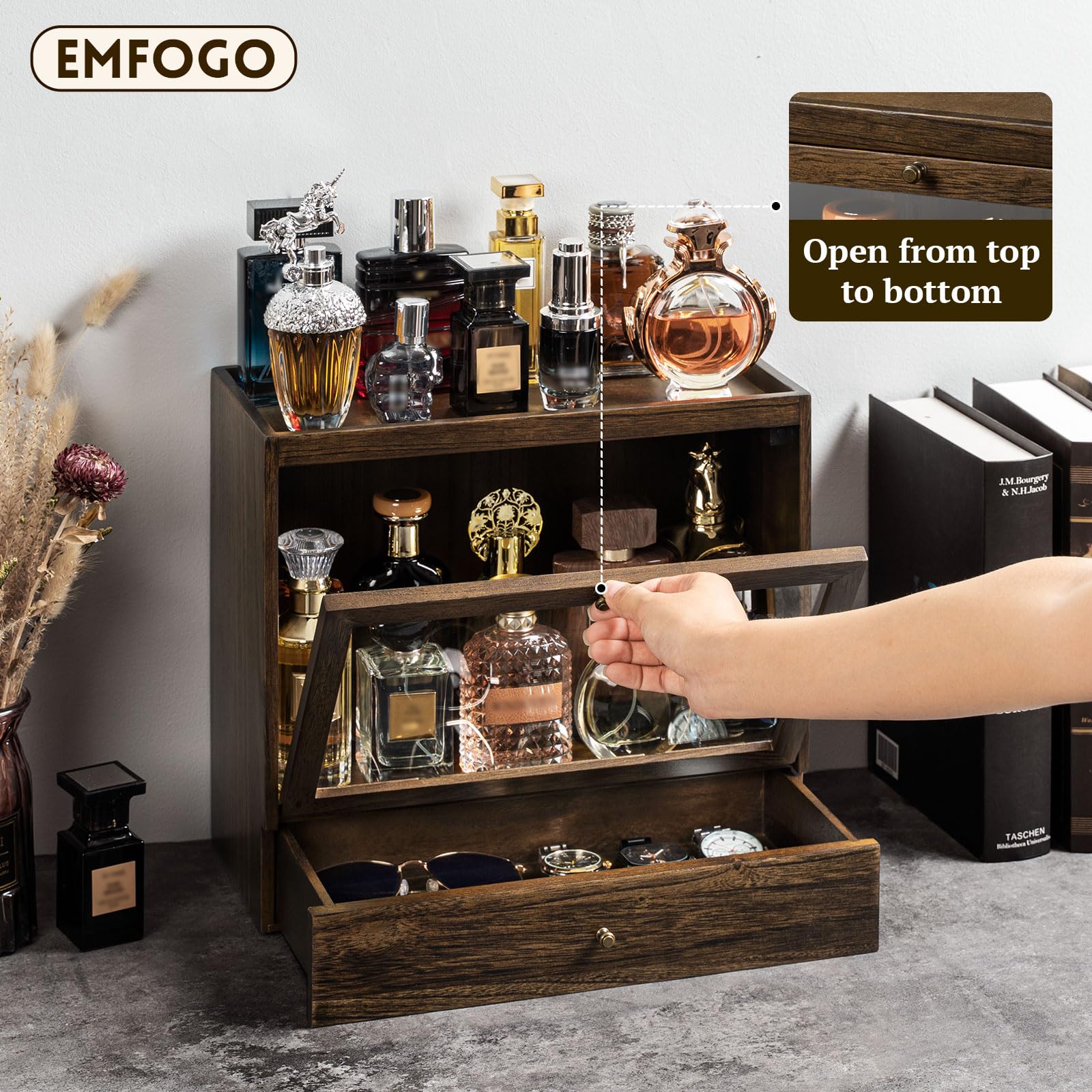 Organizador Perfumes Hombre, 3 Niveles Vitrina para Perfumes con Cajones, Organizador de Perfume de Madera, Expositor Perfume para Mostrar Joyas y Cosméticos, Gran Regalo (Rústico)