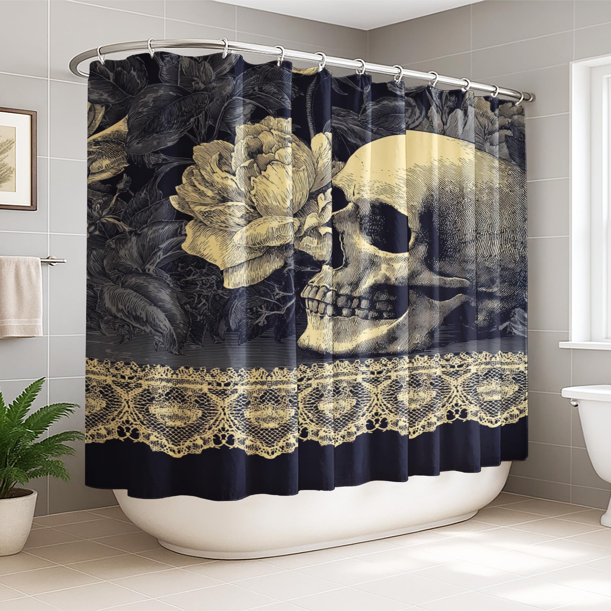Rideau de douche extra large avec crochets motif tête de mort noir 274 x 183 cm