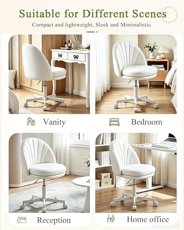 GTPOFFICE Vanity Chair with Back, Adjustable Tall Office Chair High Swivel Bar Stools Fluffy Cute Desk Chair Comfy with Wheels Armlees Counter Height for Adults Standing Desk Bar, Smooth Pu, White by GTPOFFICE - Image 8