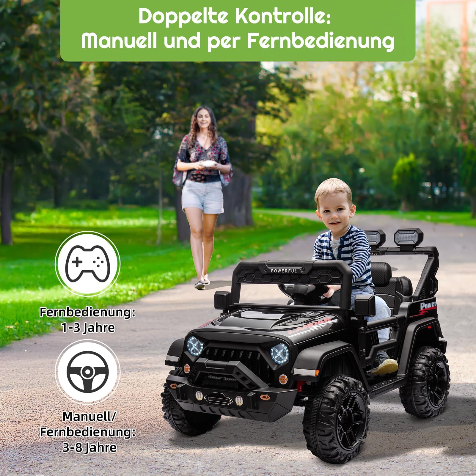 GarveeTech Sicheres Kinder Elektroauto 12V 7Ah – 3-Gang, 2,4G-Fernbedienung, LED-Lichter, Musik, Funkverbindung, Federung & Gurt – Elektrisches Kinderfahrzeug Geschenk für 1-8 Jahre – Schwarz