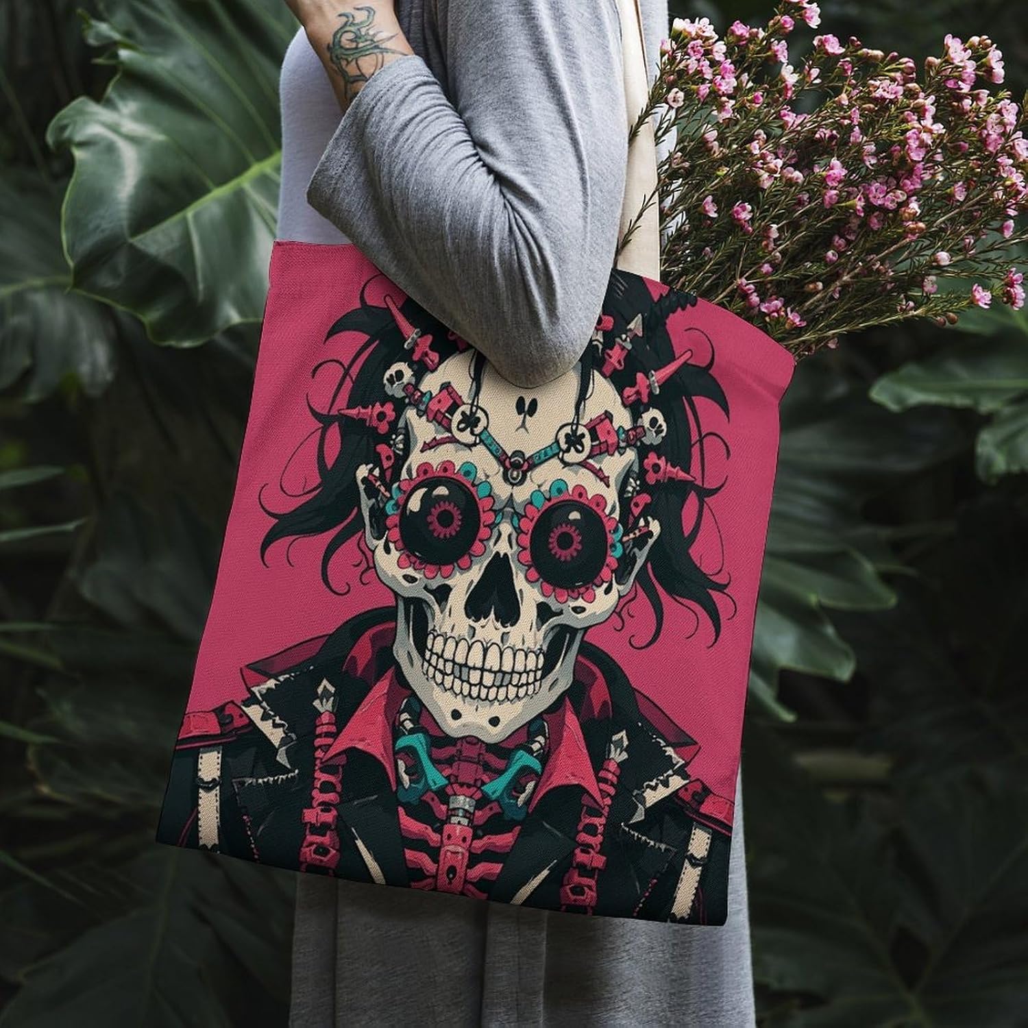Rock Brothers Skulls Theme Canvas Tote Bag Reusable Grocery Bags Foldable Soft Cotton Shoulder Carry Bag
