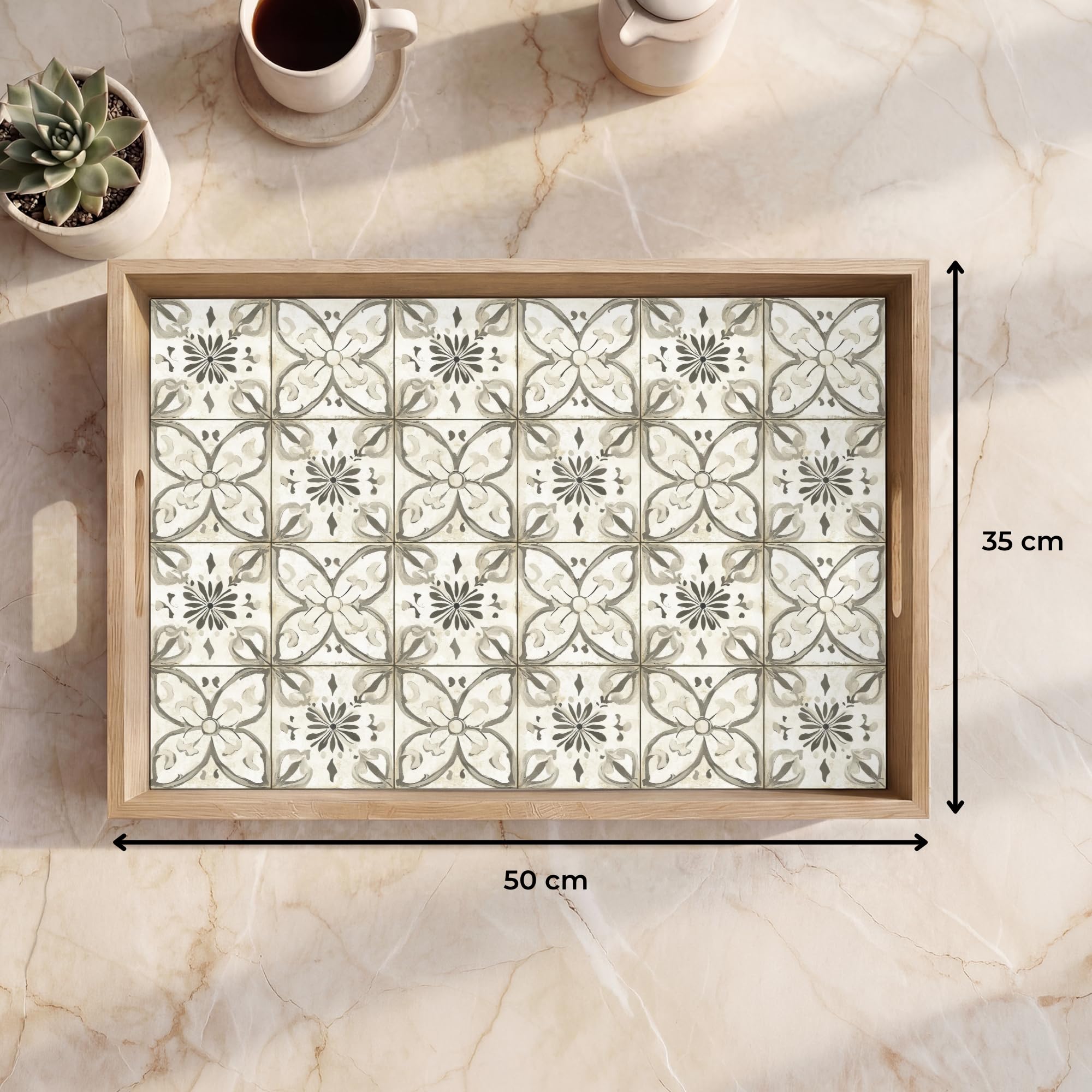 Holztablett Rechteckig 50x35 cm Küchentablett Servier Tablett Eiche Serviertablett Holz Servierplatte Mit Henkel Tray Kaffeetablett Antik - Fliese - Beige