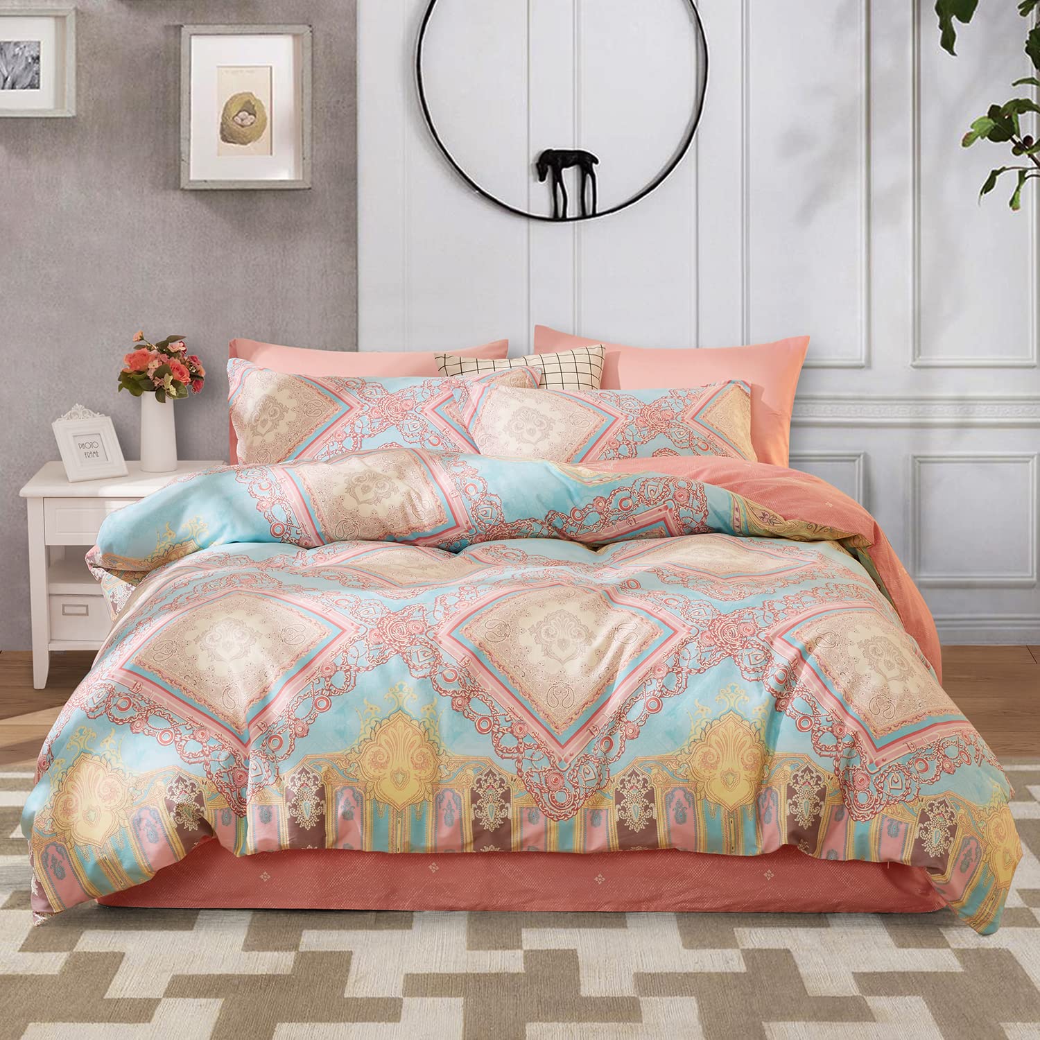 SAPHREAS Bohemian Duvet Cover Set 100% Cotton Super King Size 3 piece Boho Bedding for All Seasons Pink Cover Set 1 Duvet Cover 2 Pillow Shams